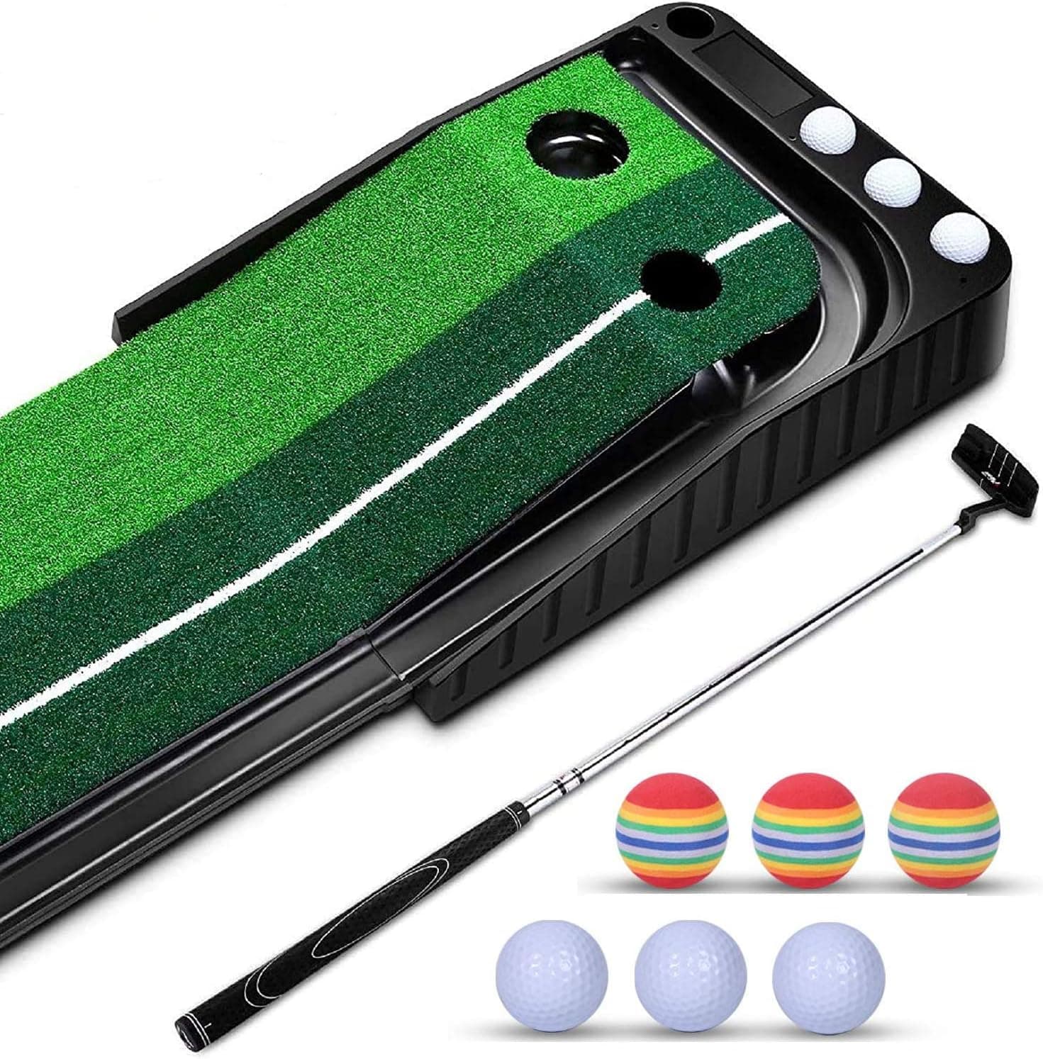 YINGJEE Golf Putting Mat Indoor, Golf Putting Green Outdoor 10ft, Portable Golf Trainer Practice Putting Mat with Auto Ball Return System