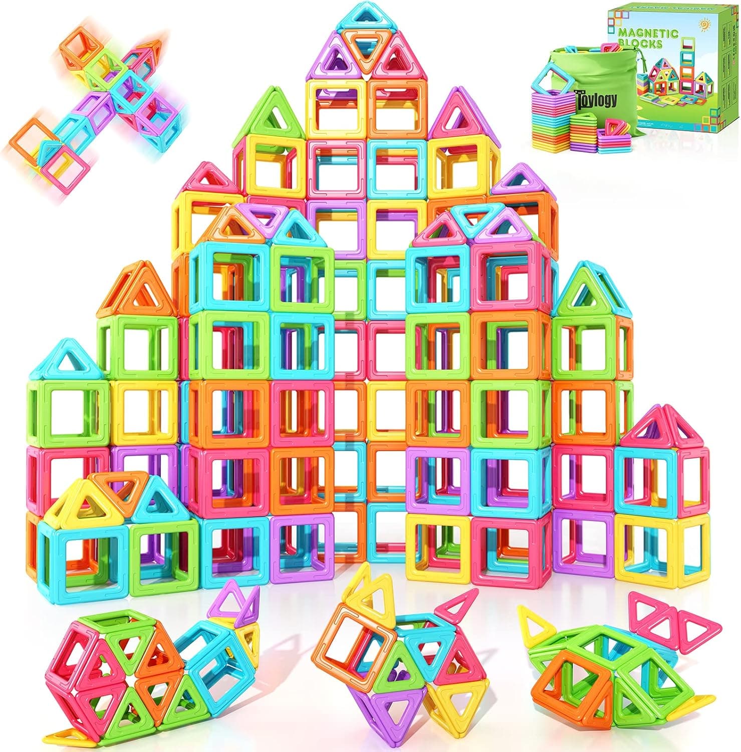 Upgraded Magnetic Blocks Tiles Toddler Toys for 3 4 5 6 7 8 Year Old Girls and Boys Gifts Magnetic Building Toys STEM Learning Educational for Kids Candy Color 52PCS