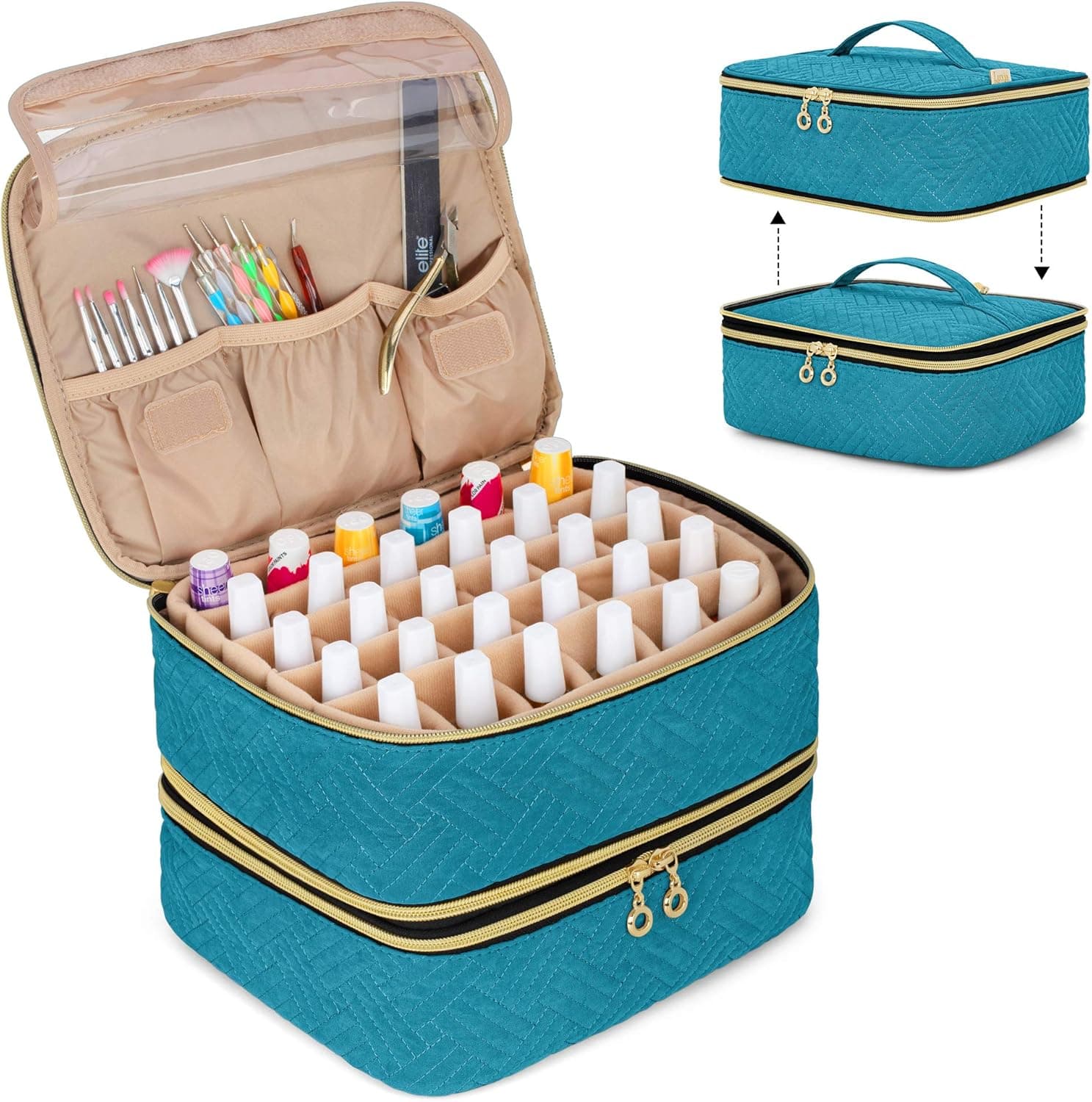 LUXJA Detachable 2 Layers Nail Polish Organizer - Hold 60 Bottles (15ml - 0.5 fl.oz), Nail Polish Case with Tools Storage Pockets (Patented Design), Teal