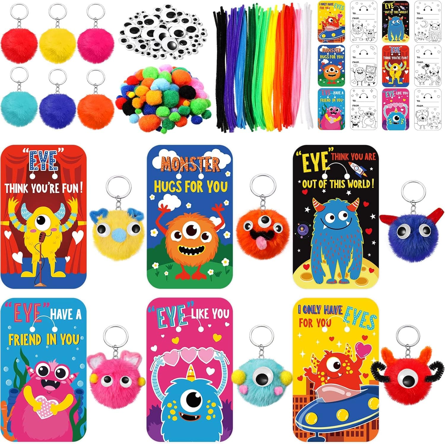 30 Pack Valentines Crafts Kits DIY Valentine's Day Gift Cards with Pompoms Keychain Valentine Pipe Cleaners Googly Eyes Craft Set for Kids Classroom Exchange Gift School Prize Party Favor Supplies