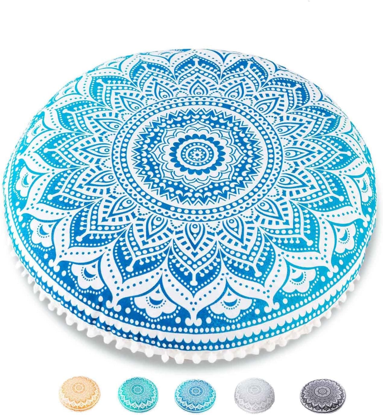 Mandala Life ART Yoga Decor Floor Cushion Cover - Round Meditation Pillow Case - Hand Printed Organic Cotton Pouf