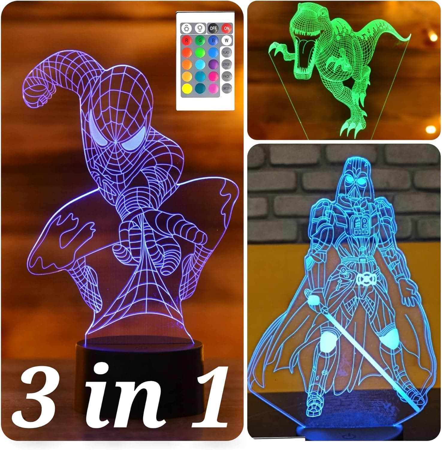 SerkyHome 3in1-3D Illusion Night Light for Kids 7 Colors with Remote-Superheroes Led Table Lamp, Birthday Gift(Dinosaur)