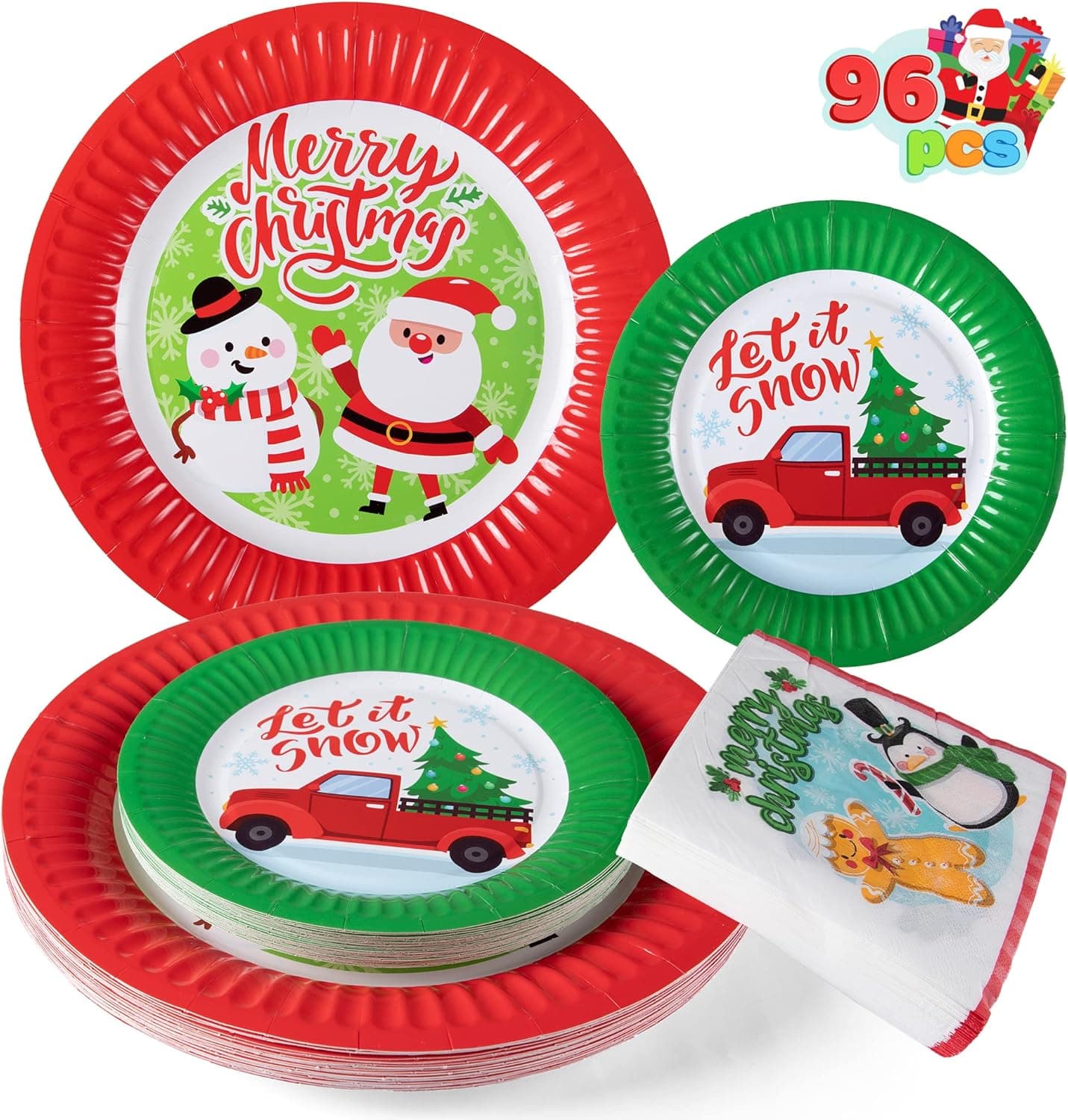 JOYIN 96 Pcs Christmas Paper Disposable Tableware Set, 10" and 7.2" Dessert Plates and 6.5"X6.5" Napkins Set, Party Supplies Serves 24 People for Christmas Holiday Party, Table Decorations