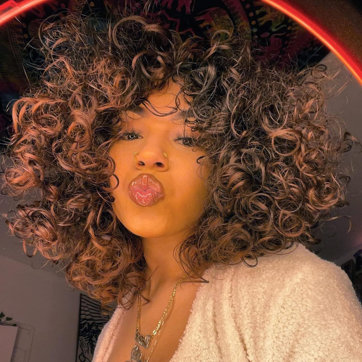 Tereshar Short Curly Wigs for Black Women Afro Curly Wig with Bangs Dark Roots Big Bouncy Fluffy Loose Curly Heat Resistant Synthetic Wigs for Daily Party Use(1B/30)