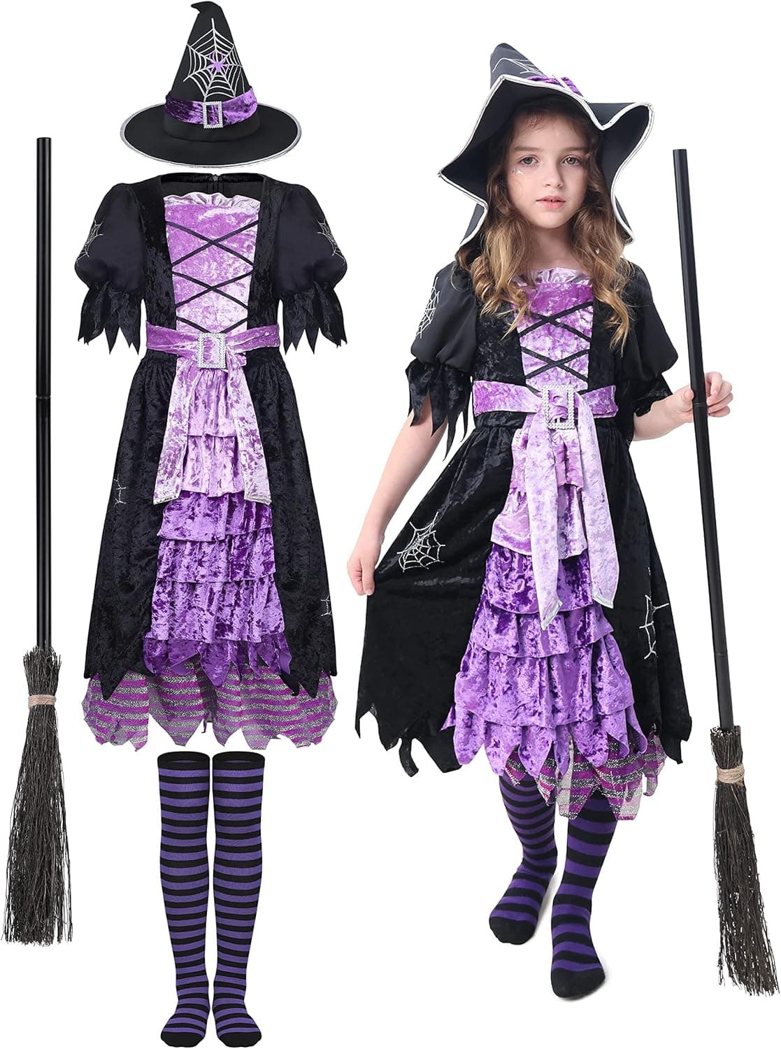URATOT 4 Pieces Halloween Witch Costume Set for Kids Girls Dress Hat Broom Tutu Skirt Over Knee High Socks