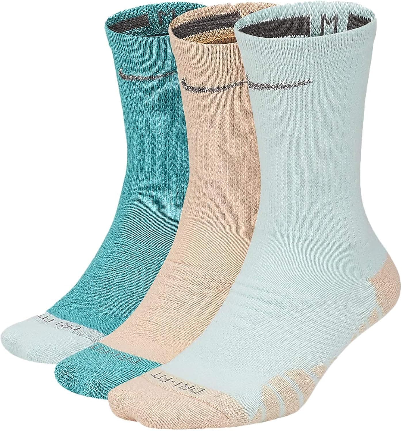 Nike Women`s Dry Cushion Crew Training Socks (3 Pair) (Turquoise(SX5566-920)/Orange, Medium)