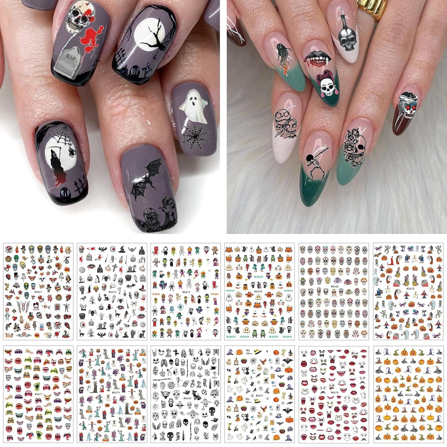 1000 PCS Halloween Skull Nail Art Stickers, EBANKU Nail Stickers Decals Self-Adhesive Pumpkin Ghost Bat Grave Nail Stickers 3D Nail Design Nail Decorations for Halloween Party-12 Sheets