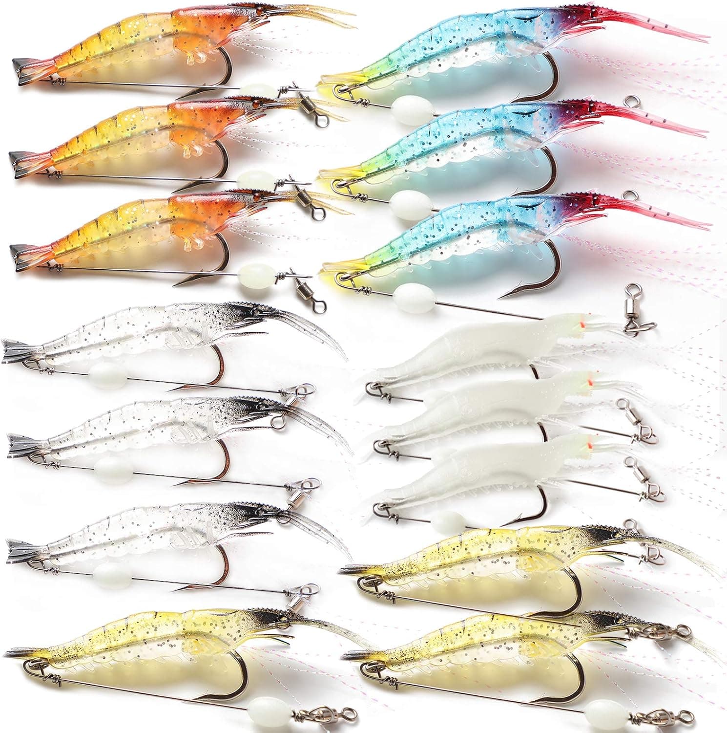 FREE FISHER 15pcs Shrimp Bait Set,Shrimp Fishing Lures,Luminous Shrimp with Fishing Hooks,Soft Plastic Fishing Lures for Bass Freshwater Saltwater