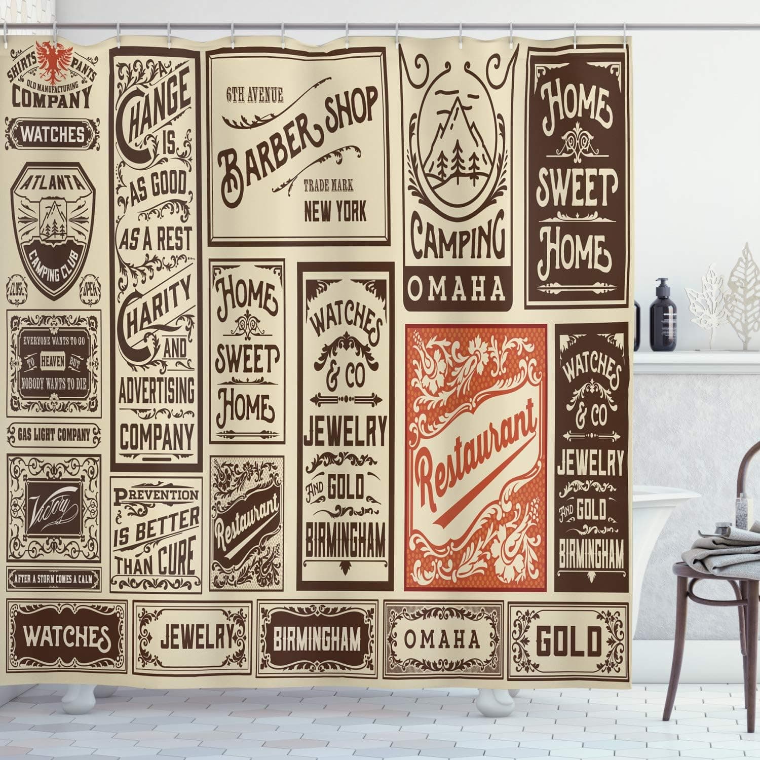 Ambesonne Antique Shower Curtain, Composition of Old Advertisement Designs Newspaper Nostalgia Illustration, Cloth Fabric Bathroom Decor Set with Hooks, 69" W x 75" L, Cream Brown Orange