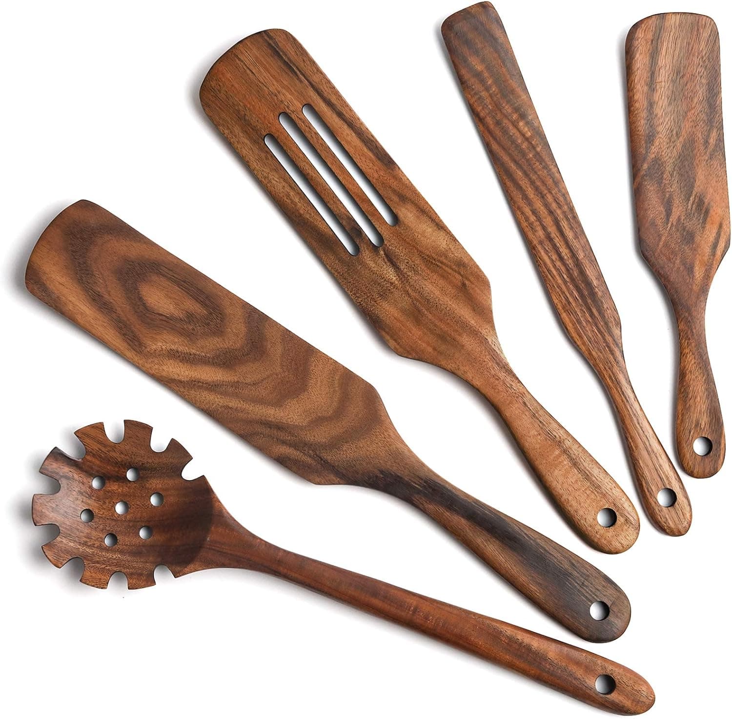 Spurtle set, 5PCS Wooden Cooking Utensils 100% Natural Teak Heat and Moisture Resistance Non-Stick Wood Cookware with Hanging Hole Slotted Spatula Sets for Any Cooking Process