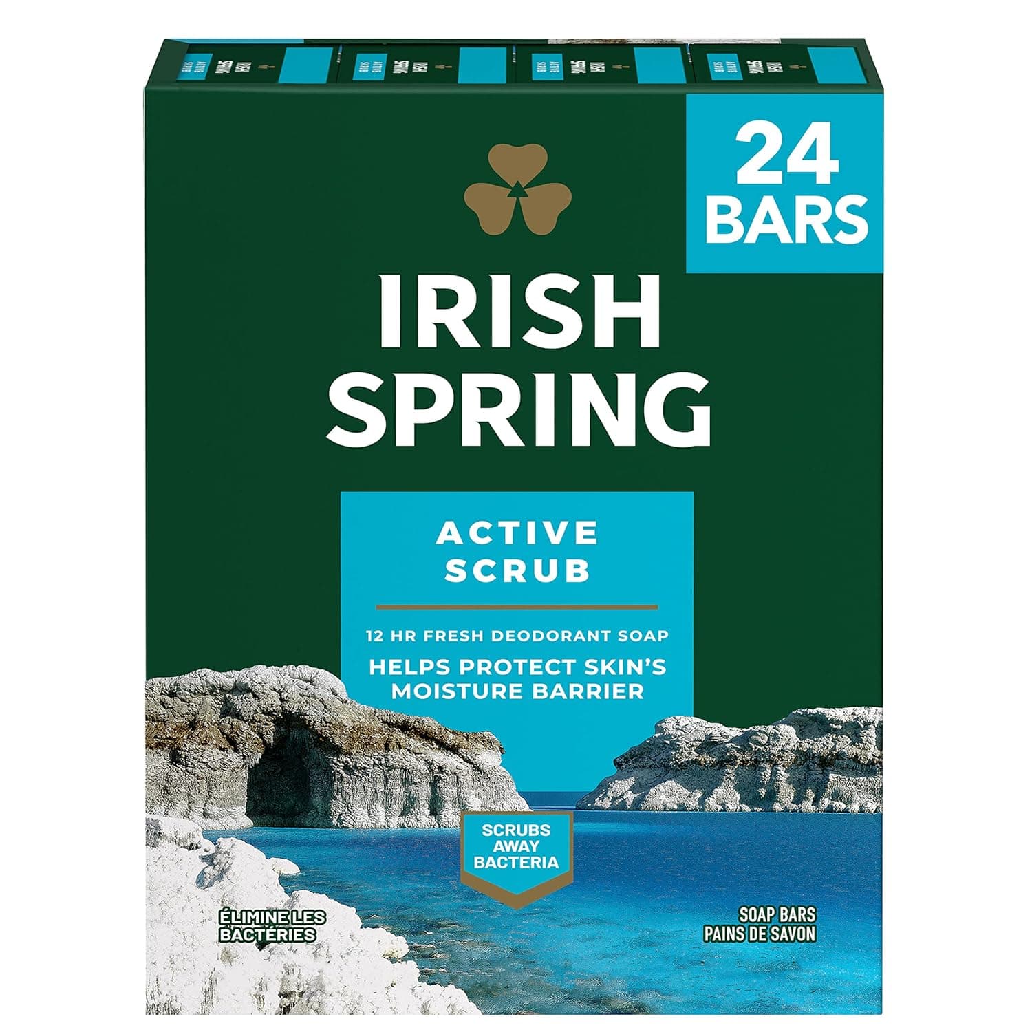 Irish Spring Active Scrub Mens Bar Soap, Men's Exfoliating Bar Soap, Smell Fresh and Clean for 12 Hours, Men Soap Bars for Washing Hands and Body, Recyclable Carton, 24 Pack, 3.7 Oz Soap Bars