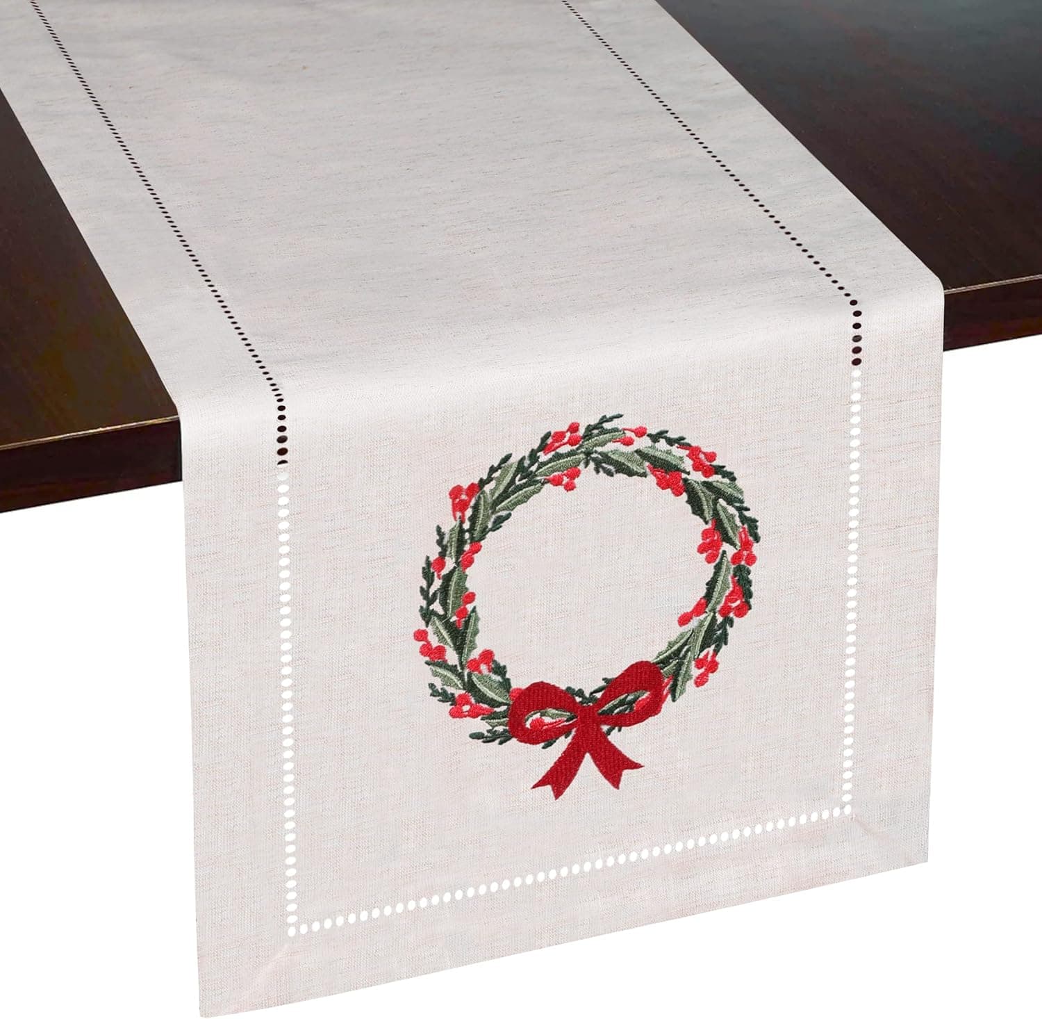 Brio Trends Rustic Christmas Wreath Embroidered Table Runner, Farmhouse Christmas Decor, Holiday Table Decorations, Dresser Runners for Bedroom Furniture, | Natural Beige (13 x 108 Inches)