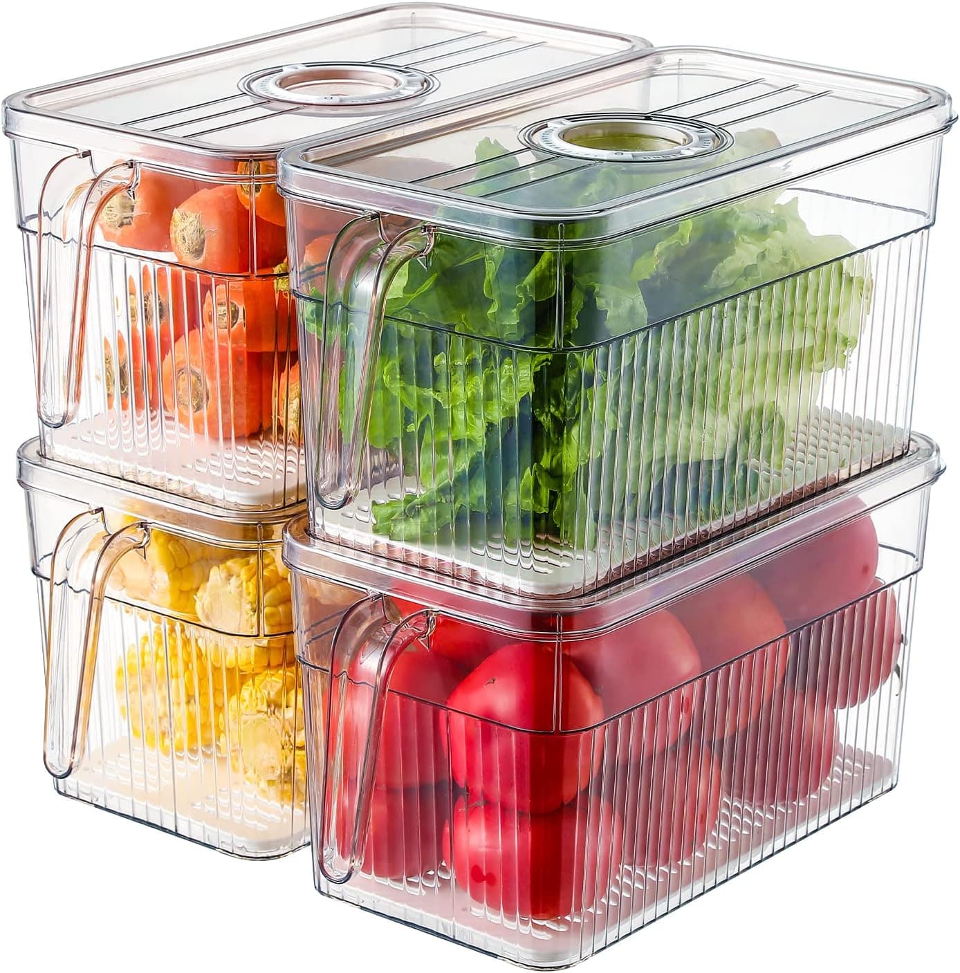 Produce Saver Containers for Refrigerator, 6.3Lx4 Organizer Bins with Lids Stackable Large Food Storage Container Sets with Drain Tray, Square Handle Food Storage Organizer Boxes, BPA Free, Set of 4