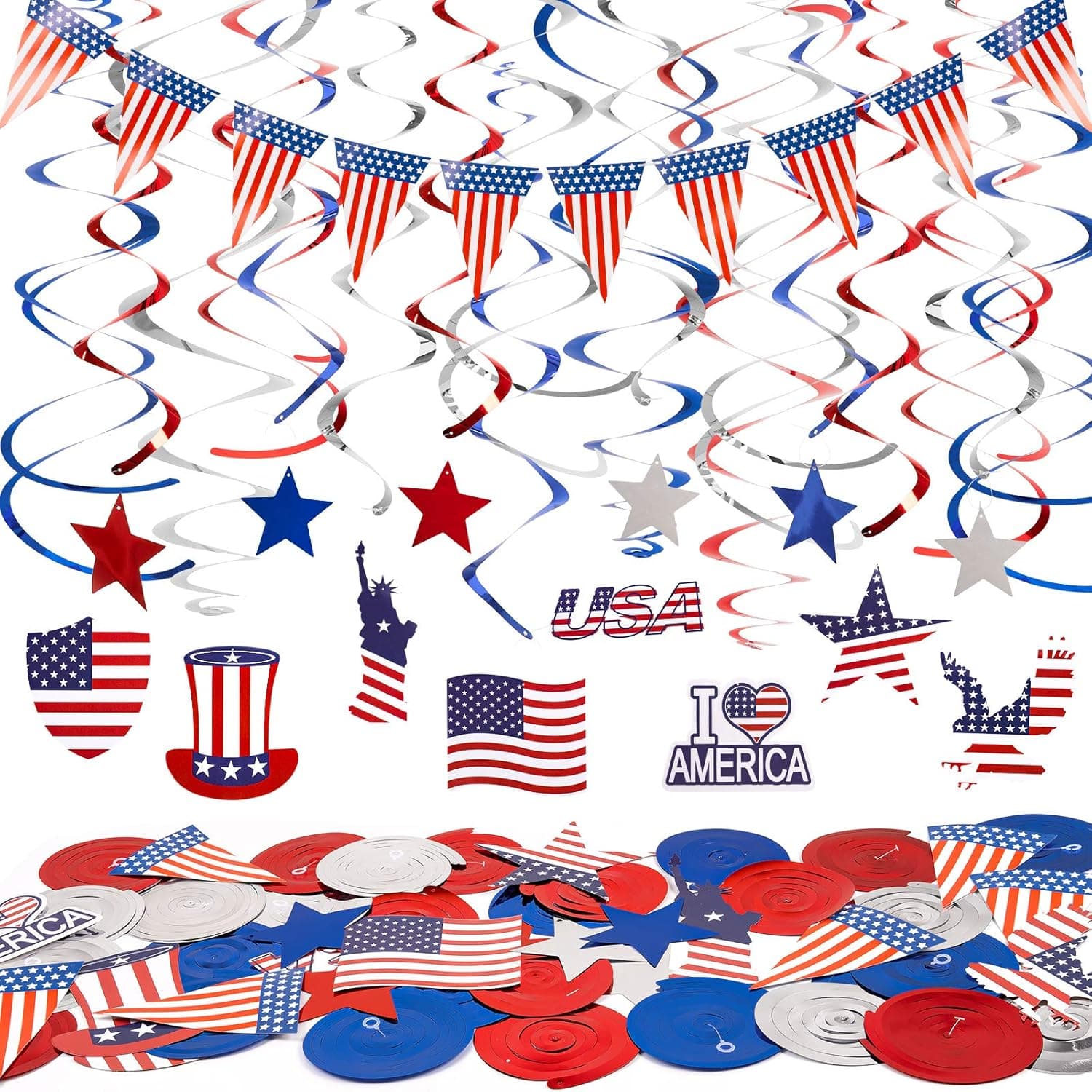 Whaline 33Pcs 4th of July Decorations Mixed Patriotic Hanging Swirl Streamers with USA Flag Star Pendants American Flag Pennant Garland Banner for Independence Day National Day Party Supplies