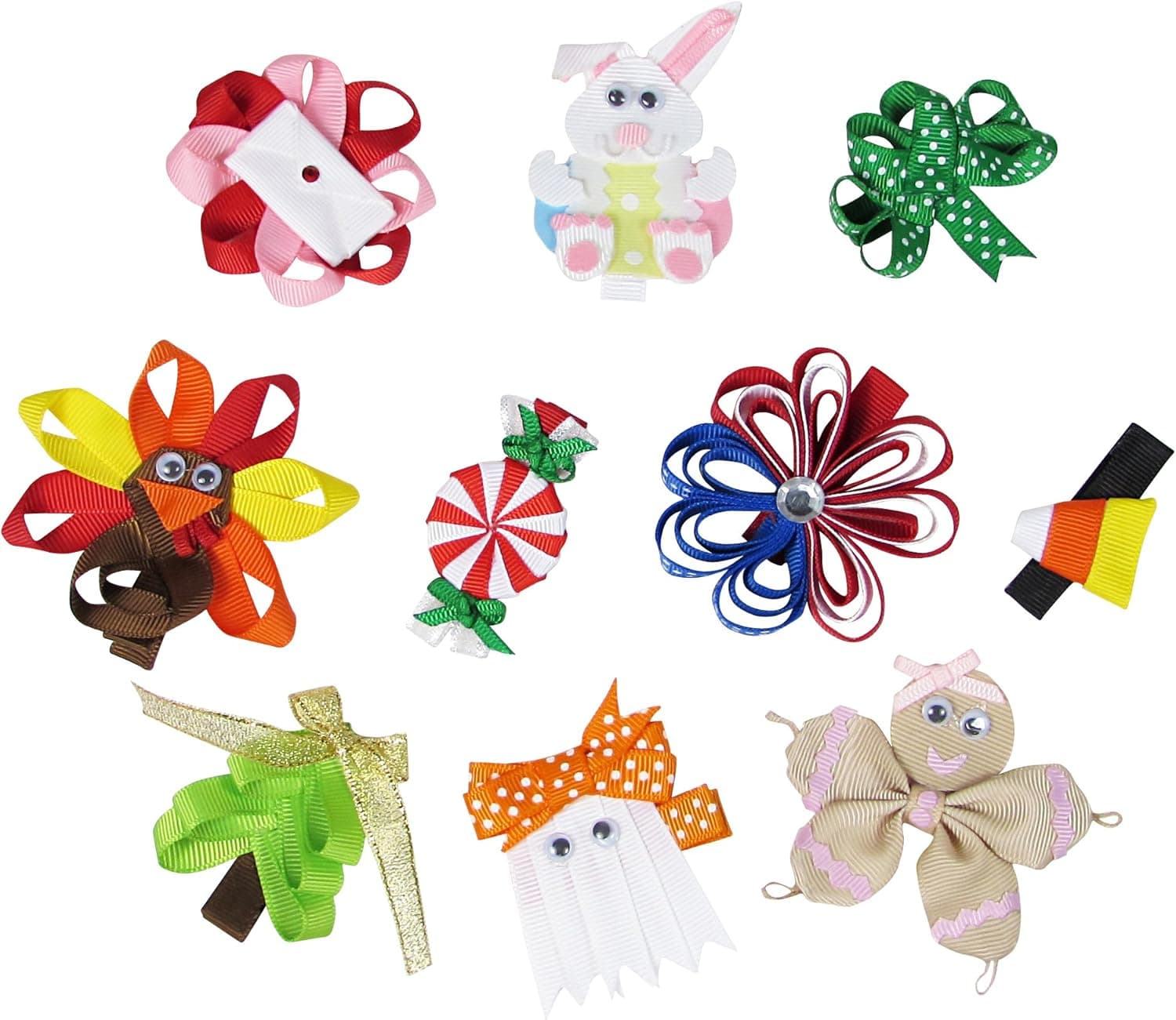 Maikoa Ribbon Sculpture Hair Bow Clips, Barrattes (10pc Holiday Ribbon Sculpture Clips)