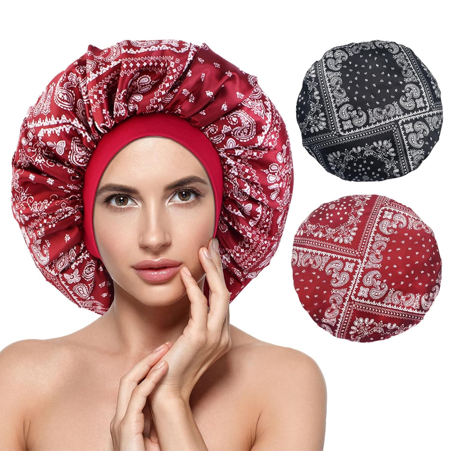 PoYang Satin Bonnet for Sleeping: 2 Pack Silk Sleep Cap for Women, Satin Hair Bonnet for Sleeping, Large Bonnet for Curly Hair, Breathable Jumbo Bonnet for Braids, Silk Hair Cap for Sleeping (15.8in)