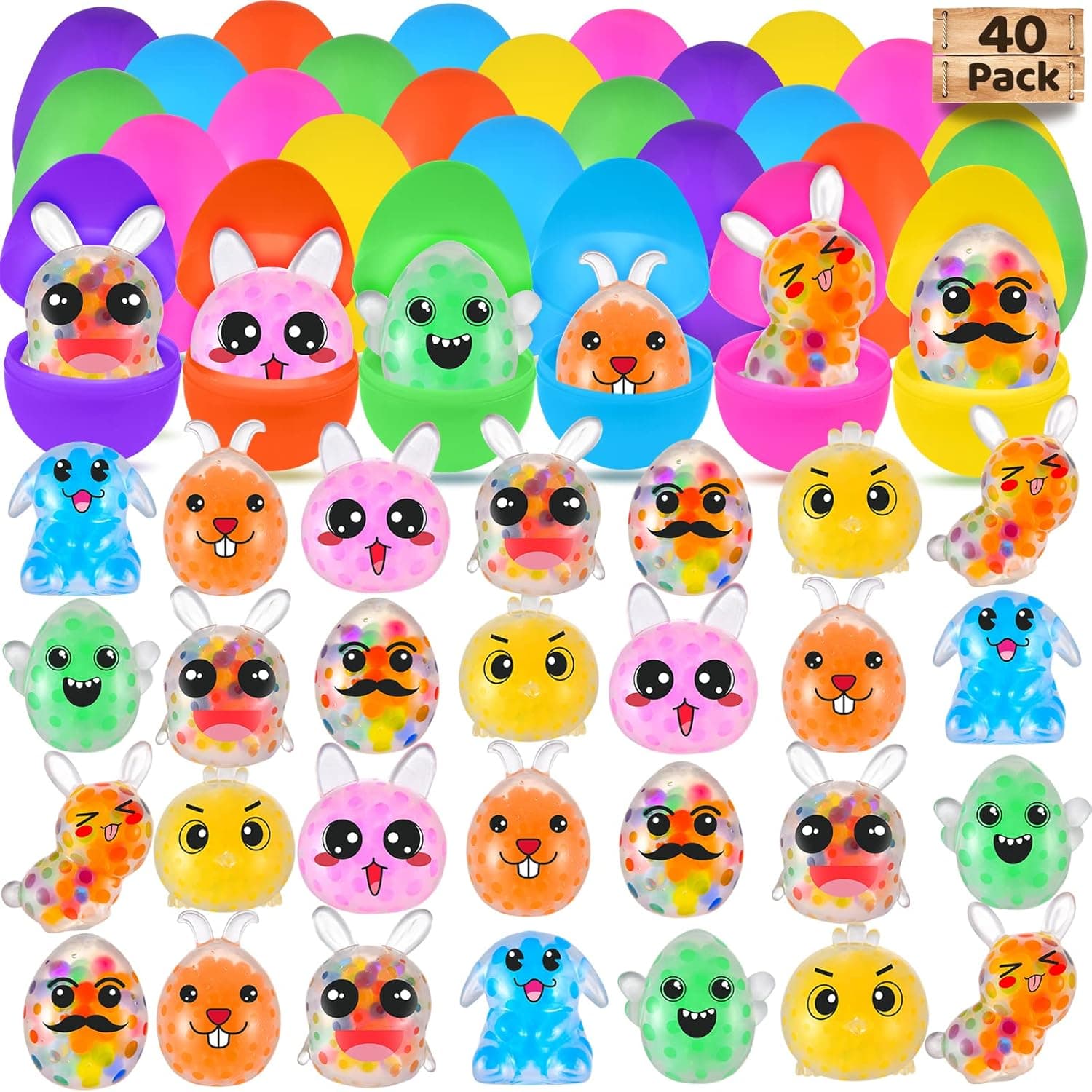 40+40 Pack Prefilled Easter Eggs Stress Ball Toy, Easter Basket Stuffers with Squishy Squeeze Balls Fidget Toys, Colorful Egg Stuffers Toy Perfect for Easter Egg Hunt, Easter Eggs Fillers