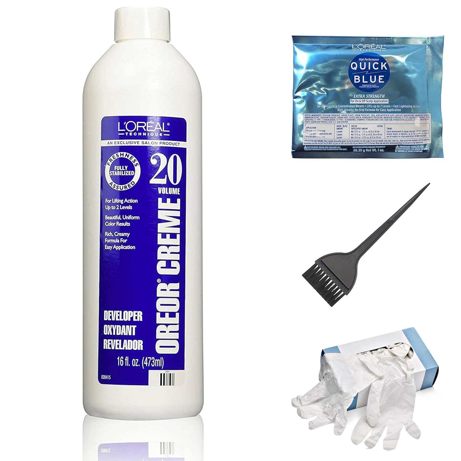 L'Oreal Paris Oreor 20 Volume Creme Developer 16 Fl Oz (Including L'Oreal Quick Blue Powder, Large Hair Dye Applicator Brush & Disposable Plastic Gloves- 8pcs)