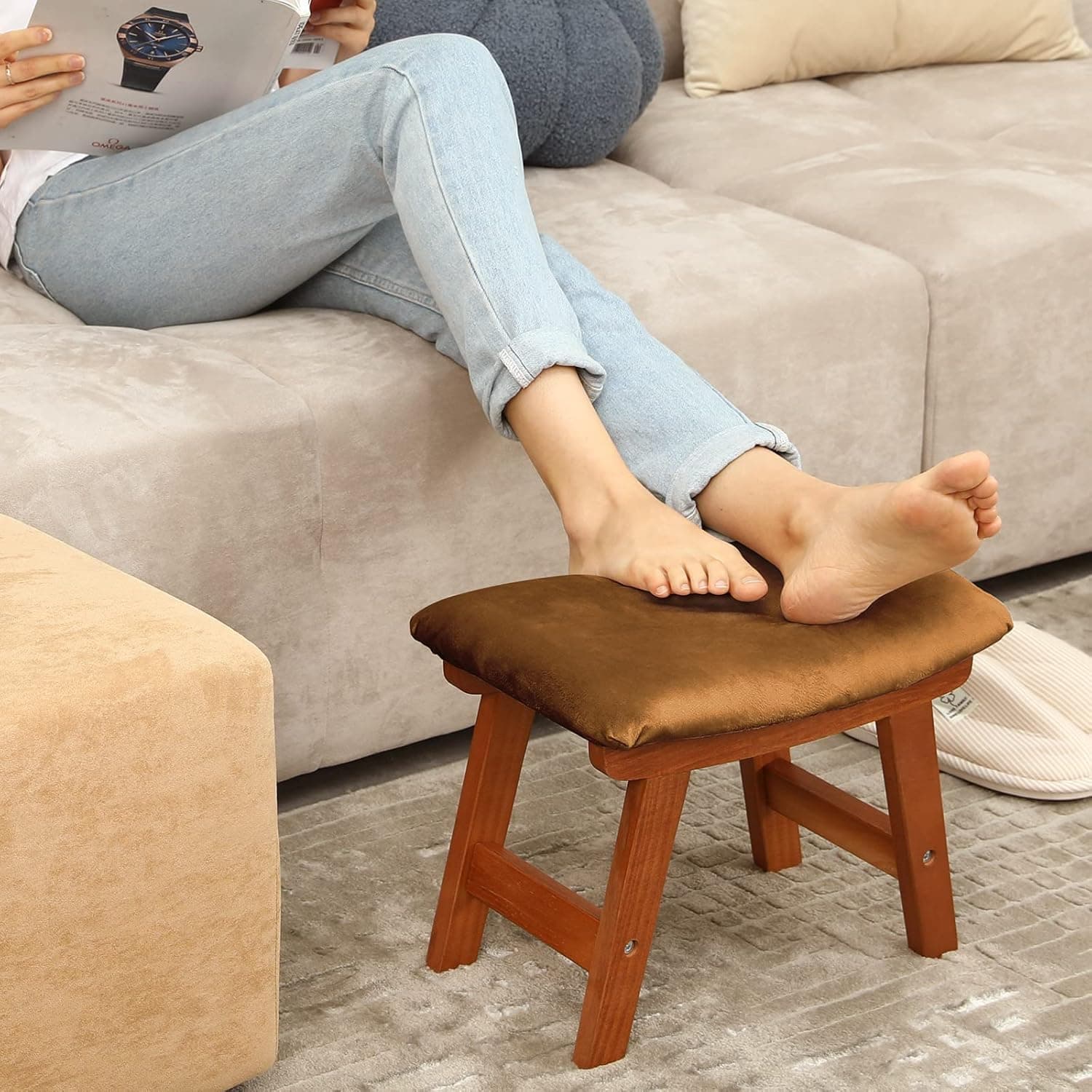 HOUCHICS Foot Stool Ottoman, Foot Stool Small, Foot Stool Under Desk, Wood Foot Stool for Living Room and Kitchen (Walnut Legs-Brown Cover)