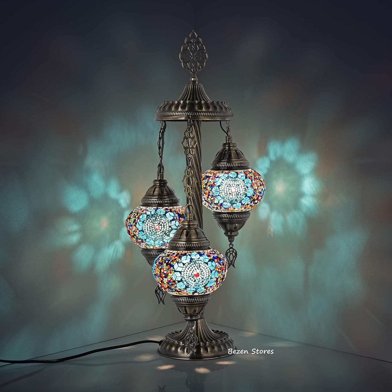 BEZENSTORE 11 VariationTurkish Moroccan Mosaic Table Lamp, 3 Globes Bohemian Bedside lamp Hand Made Ottoman Lamp (Blue Cute Cube)