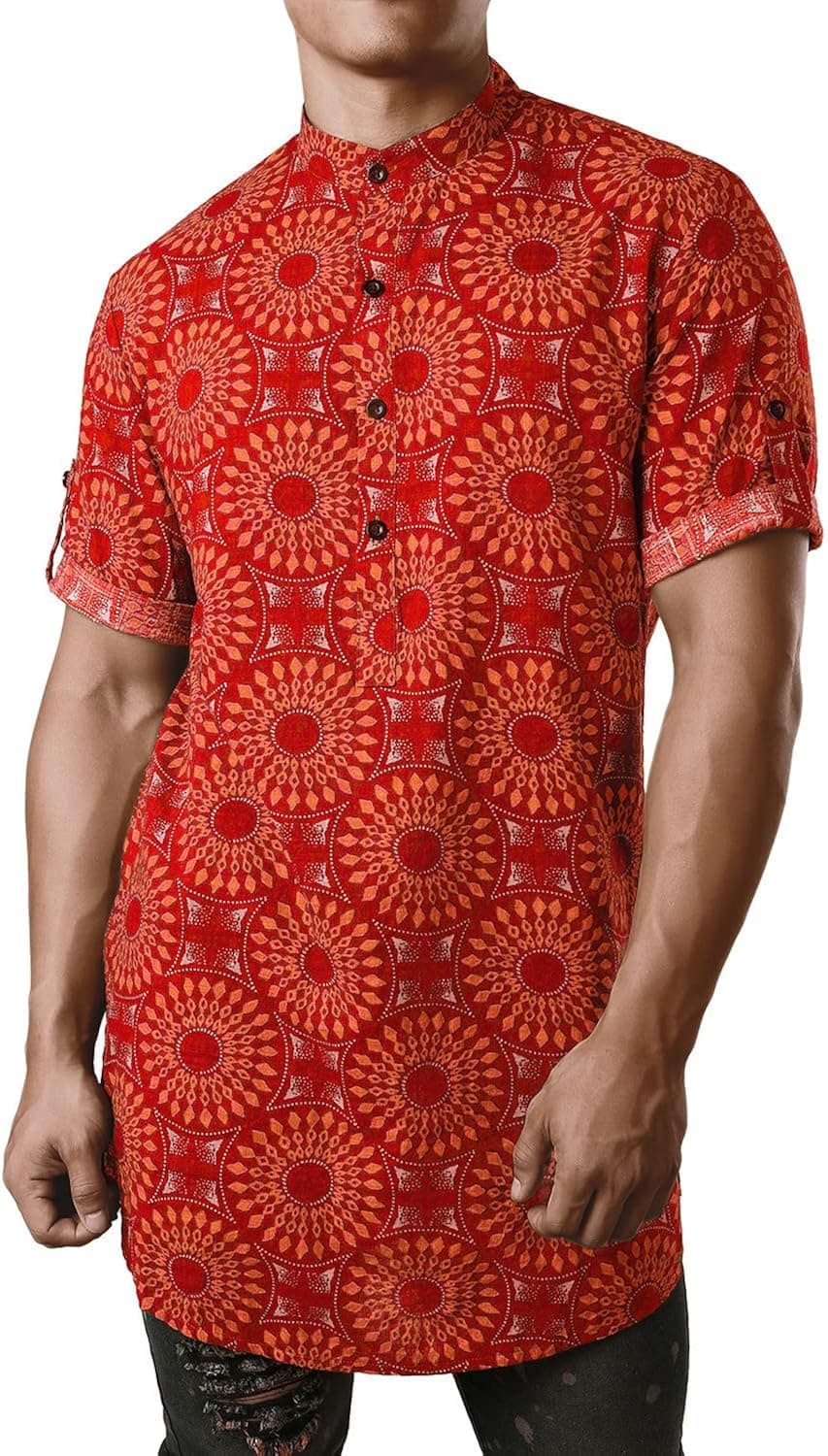 JOGAL Mens Striped Henley Shirt Short Sleeve Traditional African Style Dashiki Shirts