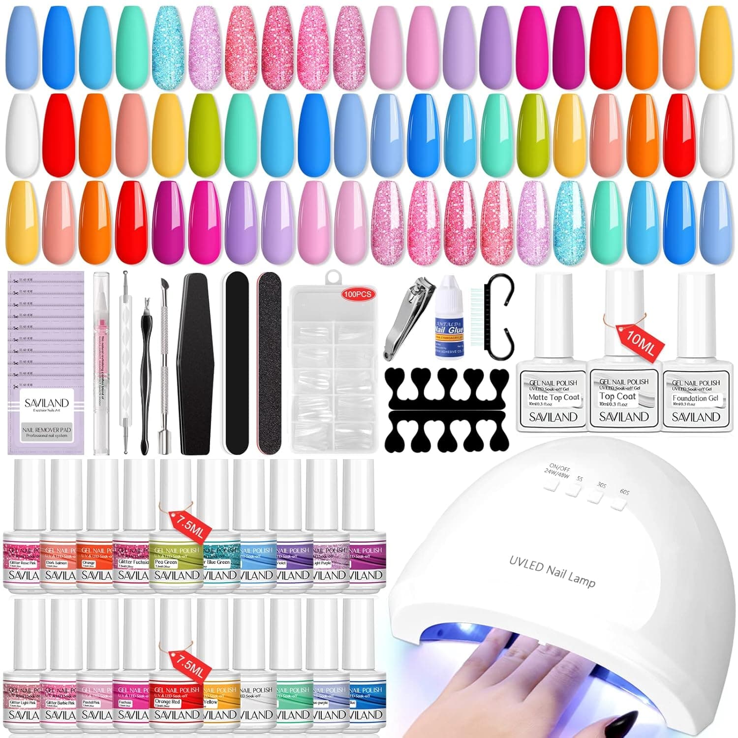 SAVILAND 46PCS Gel Nail Polish Kit with U V Light - 48W Nail Lamp with 20 Colors Gel Nail Polish Set, Glossy & Matte Gel Top Coat and Foundation Gel, All-In-One Starter Nail Art Kit,Gift for Ladies