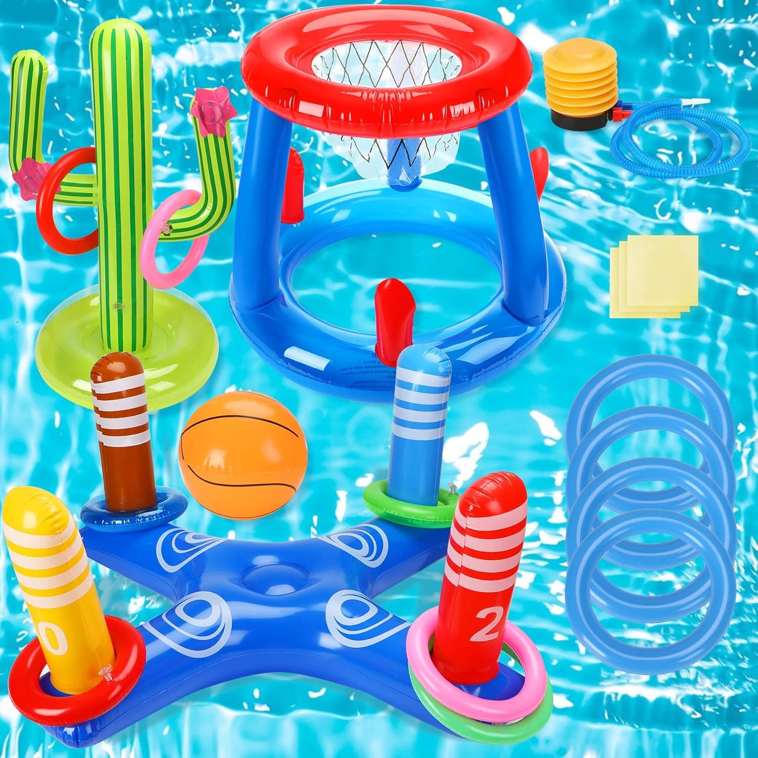 UPINS Pool Toys Games Set Swimming Pool Toys for Kids Inflatable Pool Basketball Hoop & Ring Toss Game and Pool Floats Toys Inflatable Ring Toss with Pump