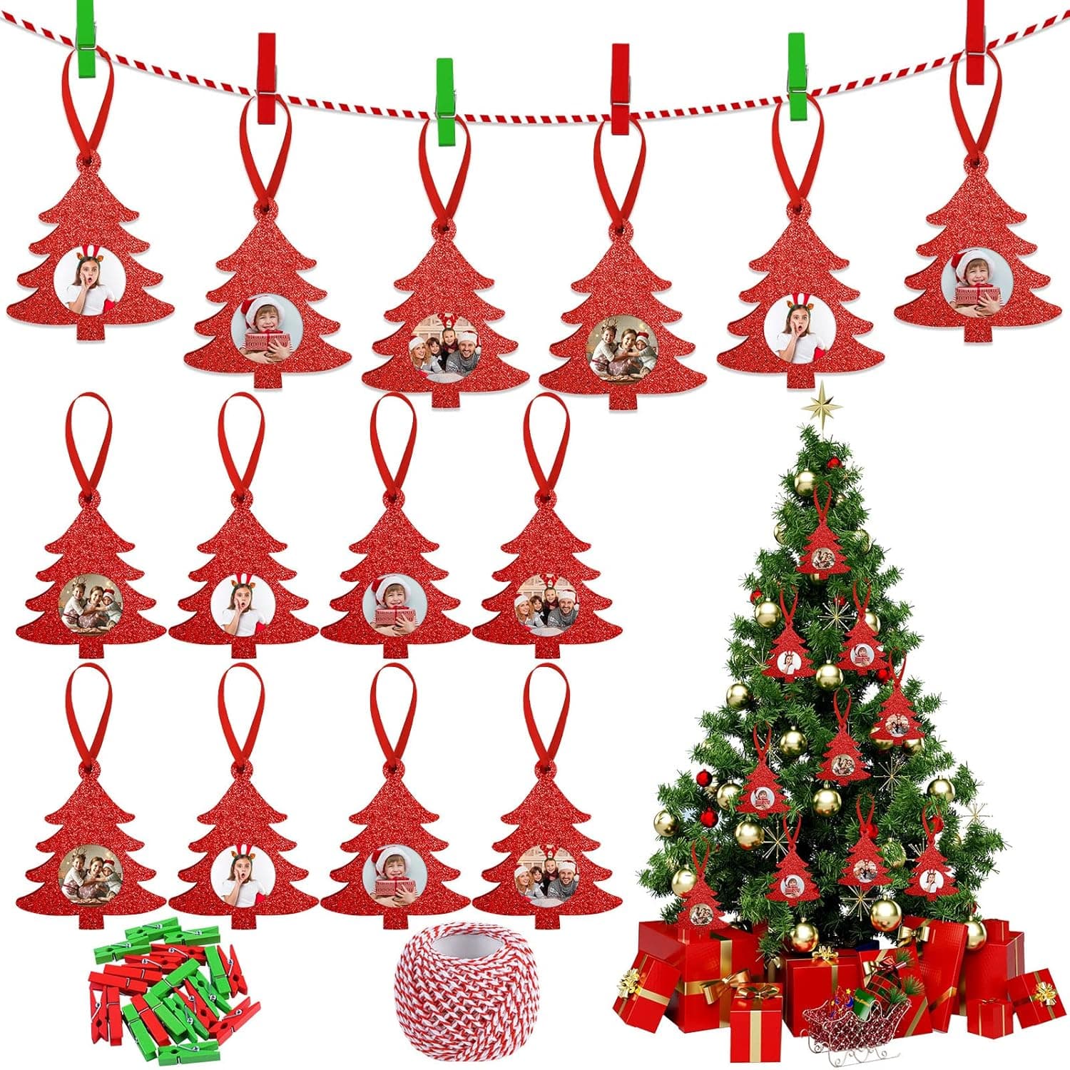 Aodaer 16 Pieces Glitter Christmas Photo Frame Christmas Tree Photo Ornaments Mini Felt Hanging Picture Frame with String Clips for Christmas Tree Decorations Festival Present (Red)