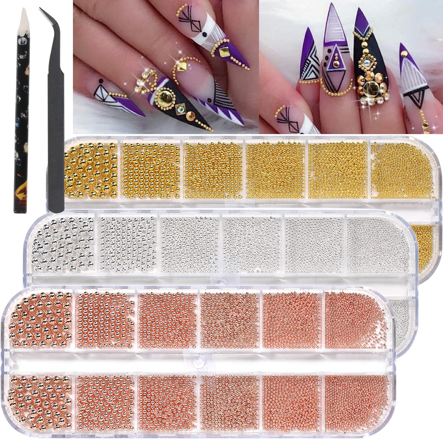Nail Art Beads Gold Silver Rose Gold Mini Caviar Beads 3D Nail Art Metal Ball Nail Art With Nail Micro Beads Nail Art DIY Craft Decorative Accessories Set…