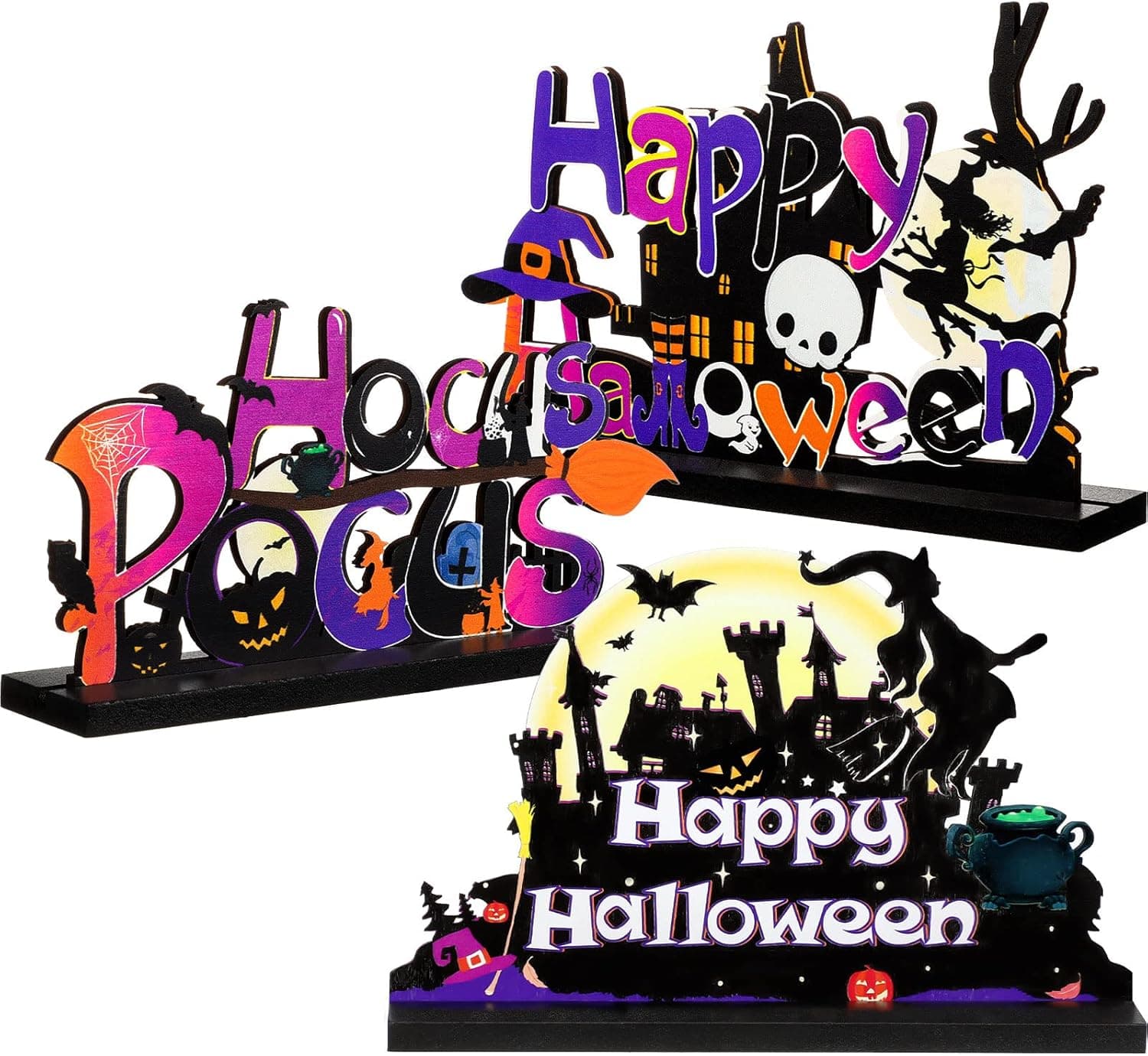 3 Pieces Halloween Table Decorations Happy Halloween Witch Wooden Centerpiece Sign Witch I Smell Children Purple Wizard Tabletopper Ornaments for Halloween Table Top Kitchen Home Office Supplies