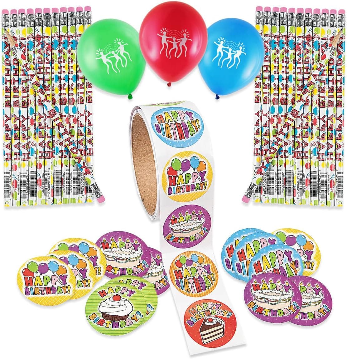 Happy Birthday Party Favor Treat Pack with 100 Assorted Birthday Stickers and 24 Wooden Birthday Pencils