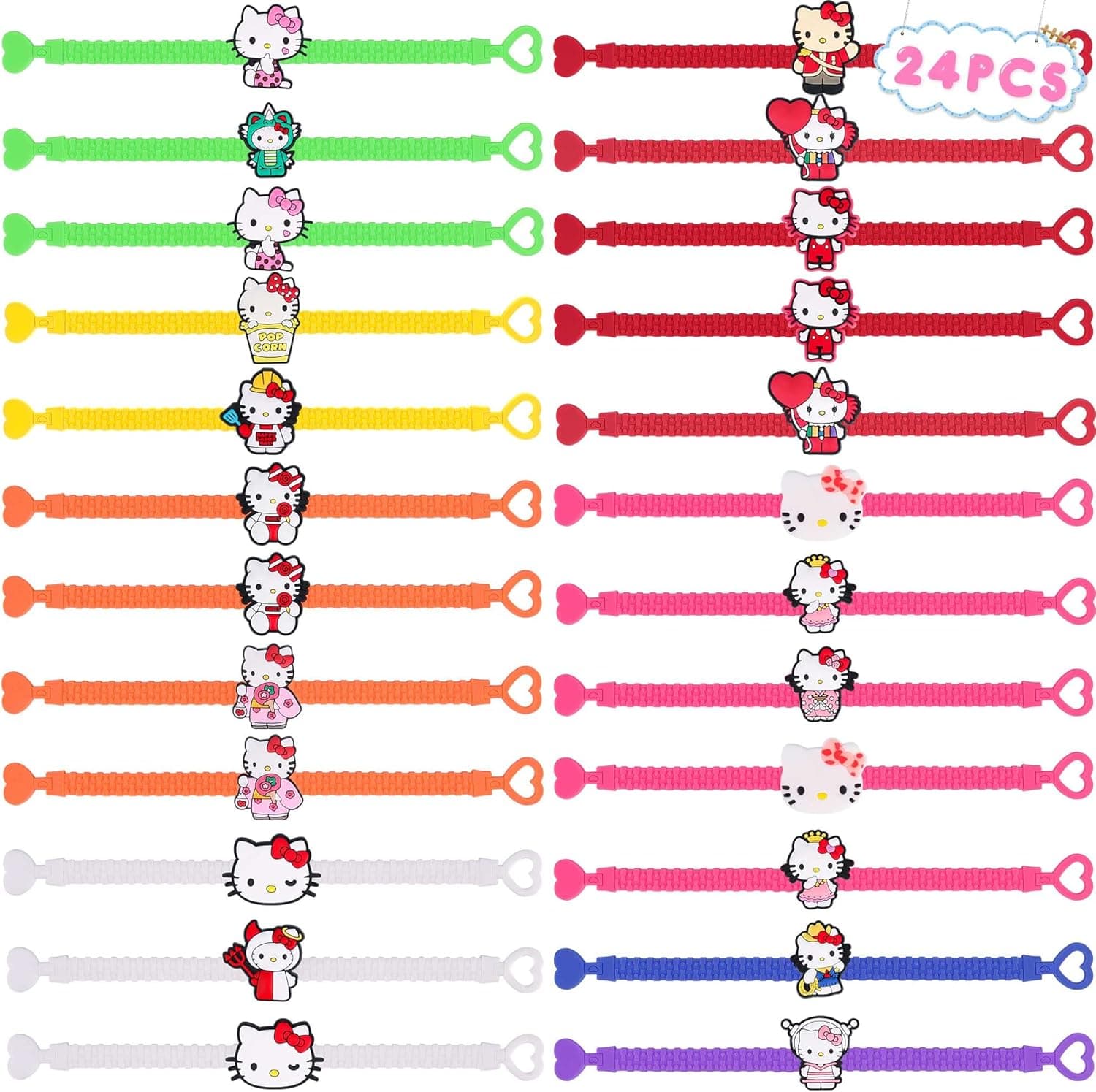 24PCS Cute Kitty Rubber Bracelets Adjustable Silicone Wristband for Kids Girls Birthday Party Gifts Supplies Favors Decorations Classroom School Prize Rewards