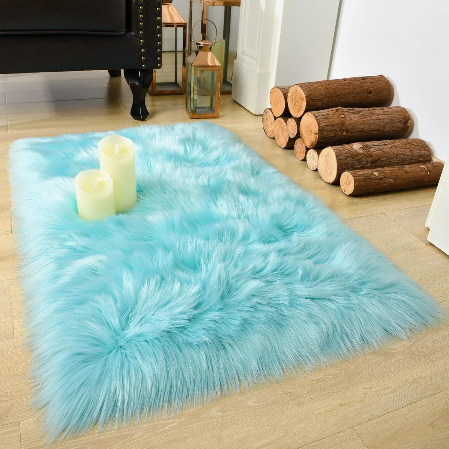 LOCHAS Soft Fluffy Faux Fur Rugs for Bedroom Bedside Rug 2x3, Washable Furry Area Rug Carpet for Living Room Dorm Floor, Durable Faux Throw Carpets, Blue