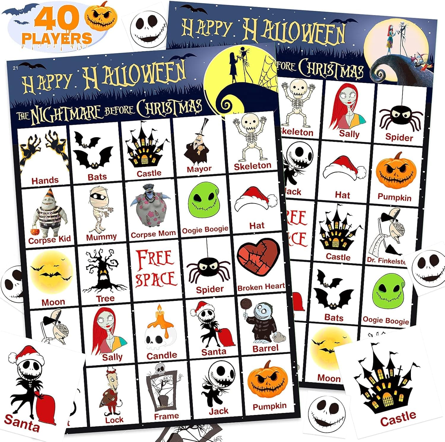 Halloween Bingo Game Card for Kids/Adults, 40 Players for Halloween Party Cards Game, Family Activities, School Classroom Games, Halloween Party Favors Supplies - The Nightmare Before Christmas