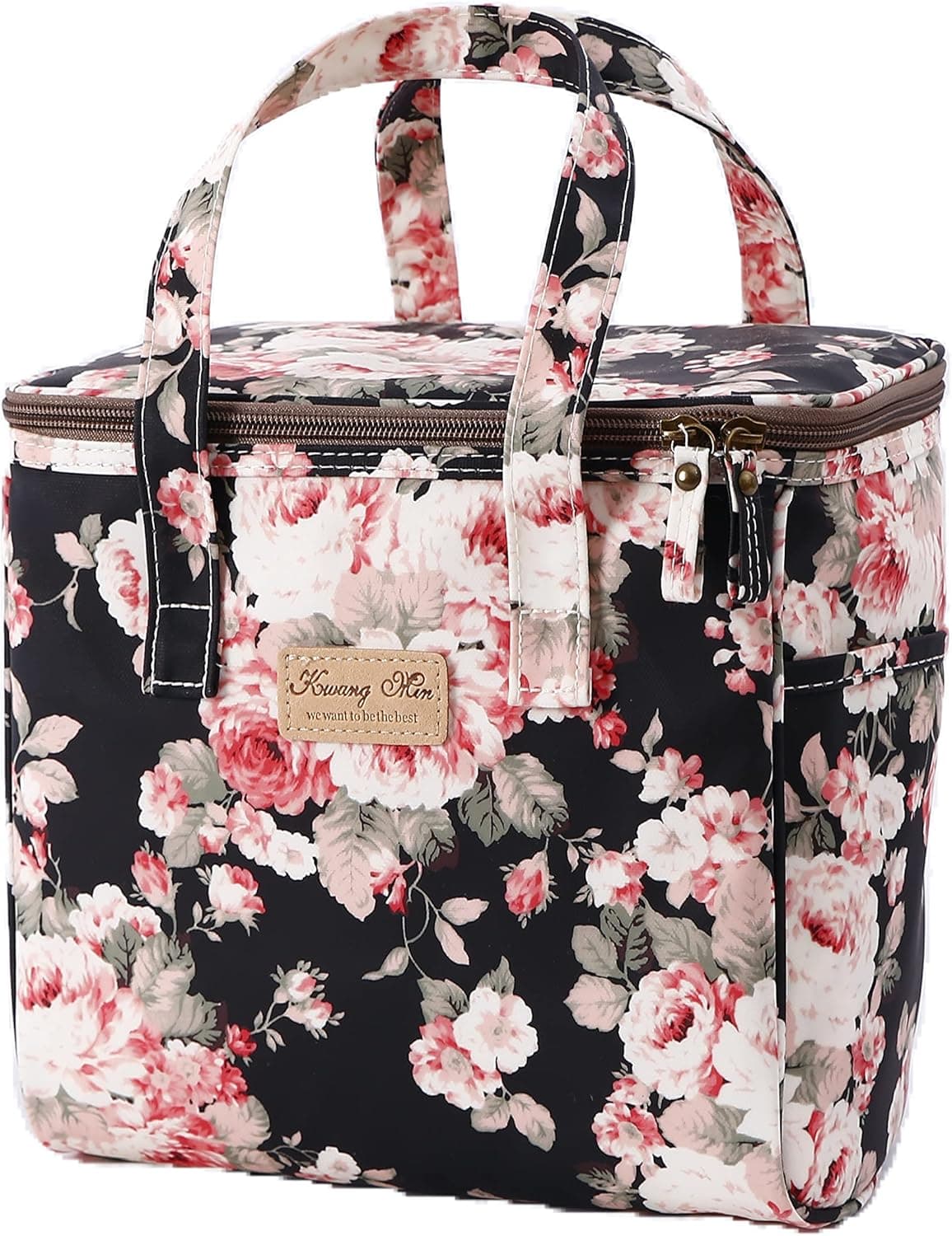 Kwang Min Floral Insulated Lunch Bag for Women,Reusable Lunch Box,Large Cooler for School,Office,Picnic Outdoors,Premium Waterproof Fabric,Ideal Gift for GirlsAdults (Peony Black), X-Large
