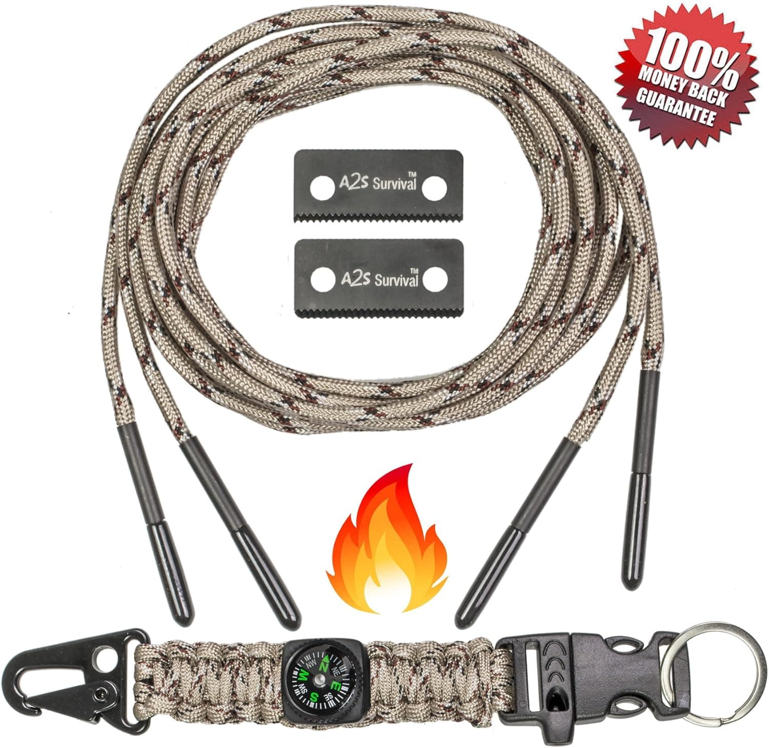 A2S Hiker Survival Kit: Paracord Fire Starter Laces - Compass, Key Chain, Emergency Whistle, Carabiner - Hiking Survival Gear (Sand Camo, 63")