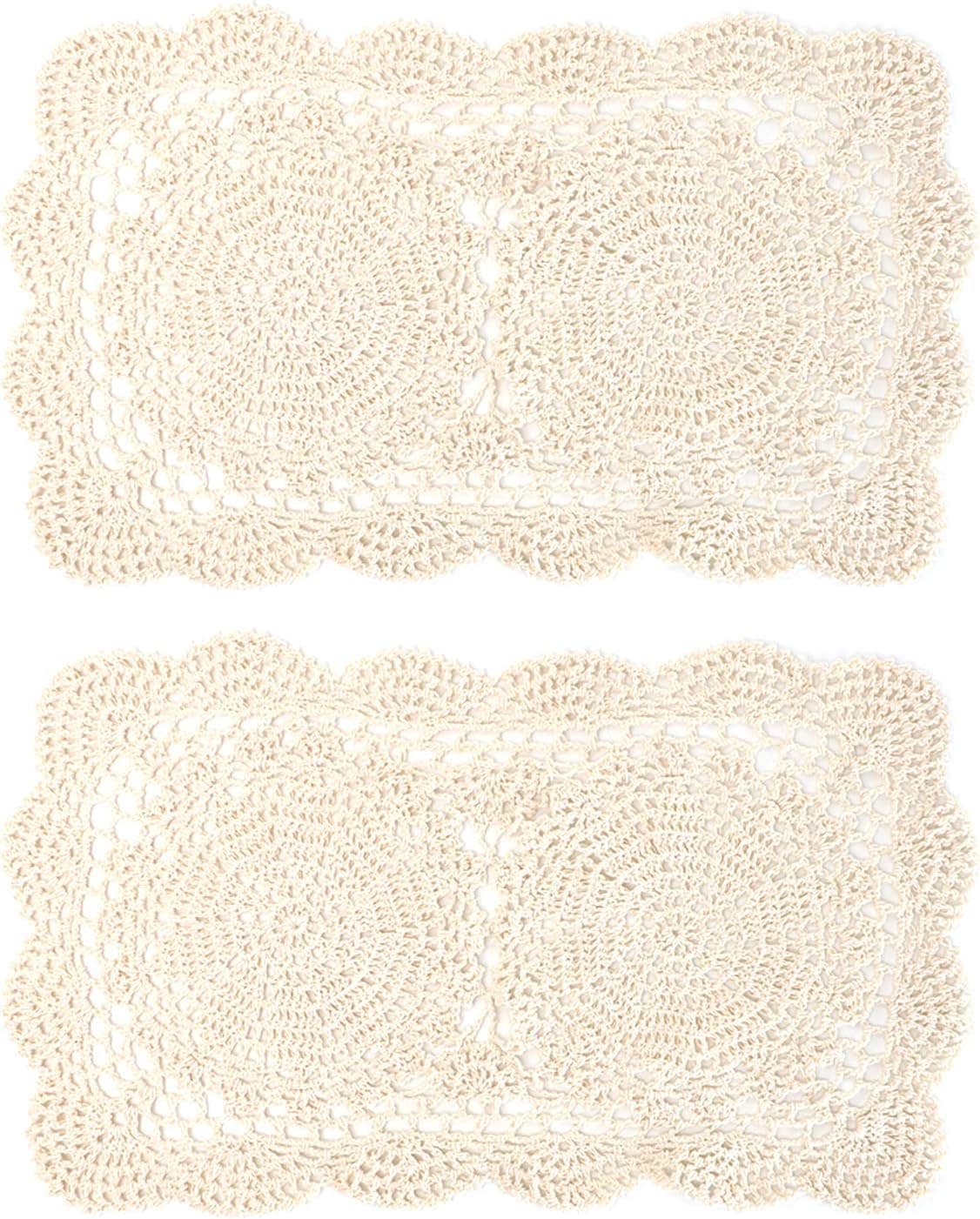 AUEAR, 2 Pcs Crochet Cotton Lace Placemats Doilies Rectangle Doily Beige Handmade Doilies for Dressers and End Tables, 17 * 9.5 inch