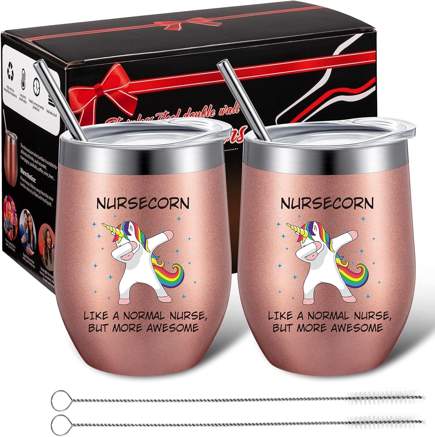 2 Pieces Nursecorn Coffee Mug, Funny Unicorn Nurse Gifts Ideas for Nurse Birthday Christmas Graduation, 12 oz Stainless Steel Wine Tumblers with Lids Straws Brushes