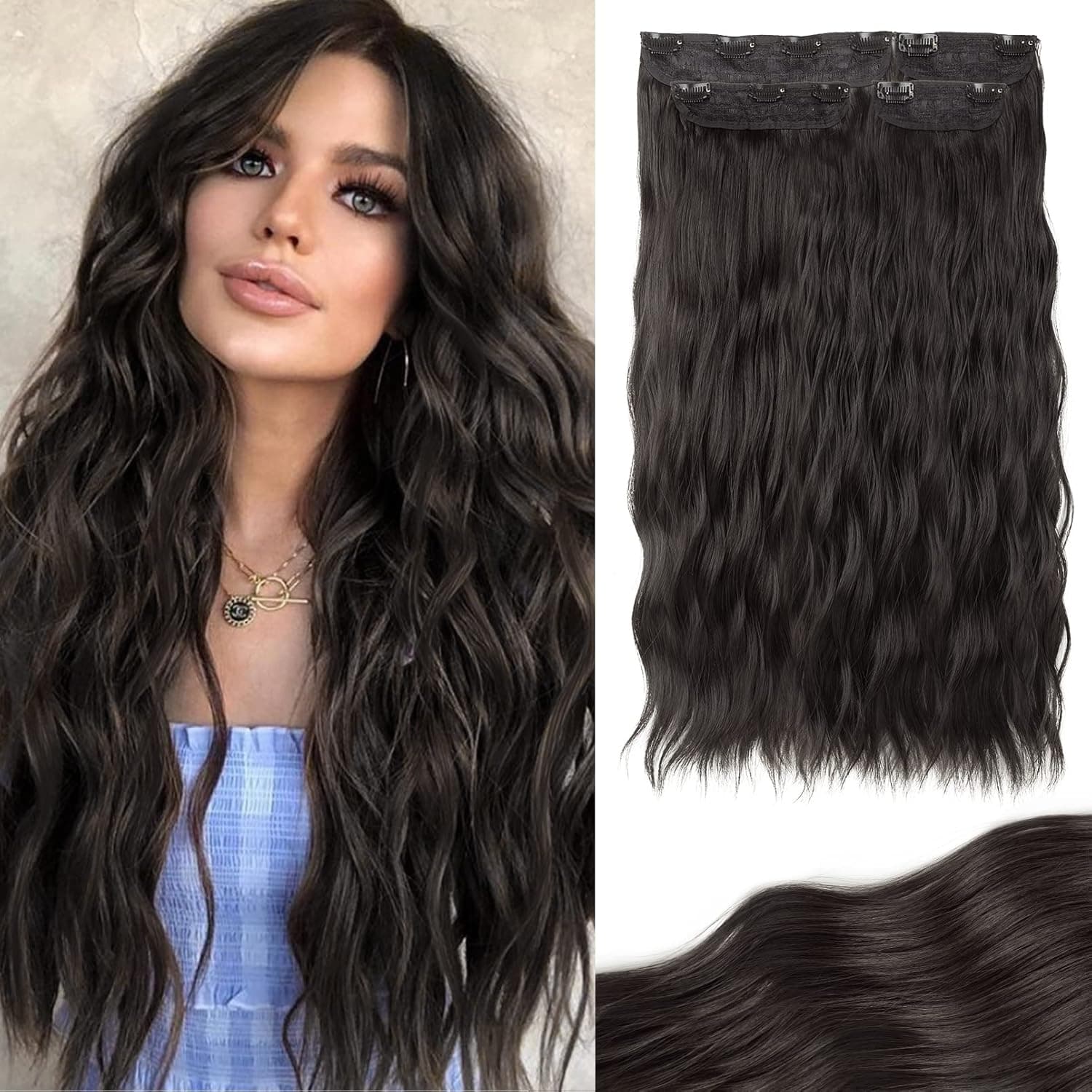 SEIKEA Clip in Hair Extensions 4PCS 24" Long Natural Soft Thick Hairpieces Wavy Curly Synthetic Fake Hair Full Head for Women - Black Brown