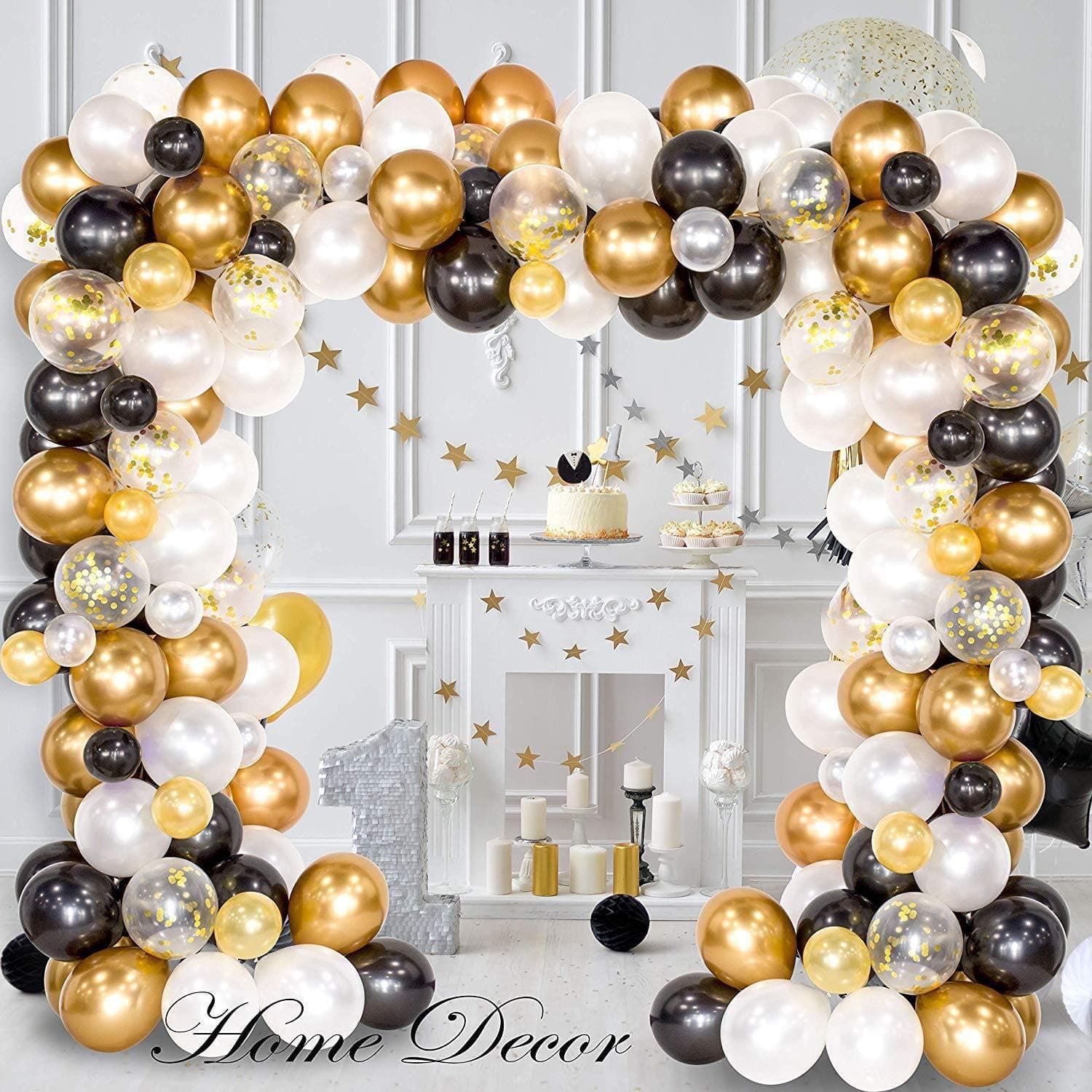 Balloon Arch & Garland Kit, 120Pcs Black, White, Gold Confetti and Metal Latex Balloons with 1pcs Tying Tool, Balloon Strip Tape for Graduation, Wedding, Birthday Decor