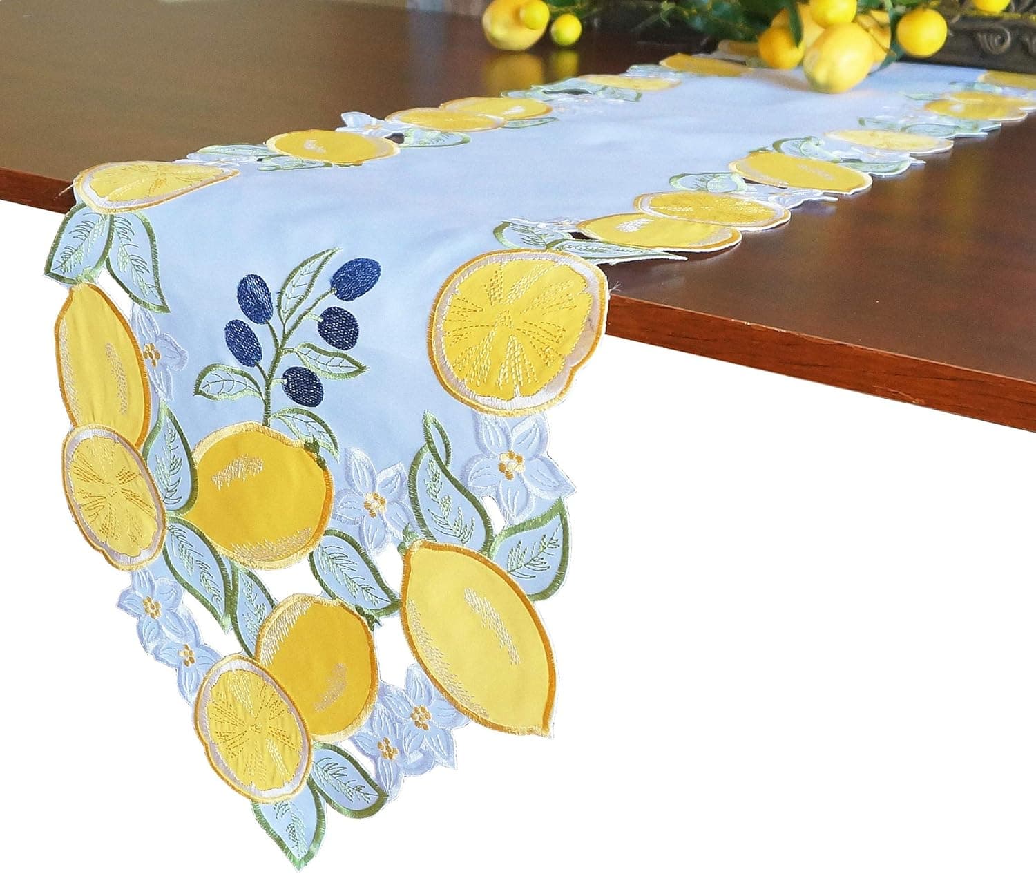 GRANDDECO Summer Table Runner Washable Lemon Table Runner Applique Yellow Embroidered Craft Home Kitchen Dining Tabletop Decoration Runner 13"×70"