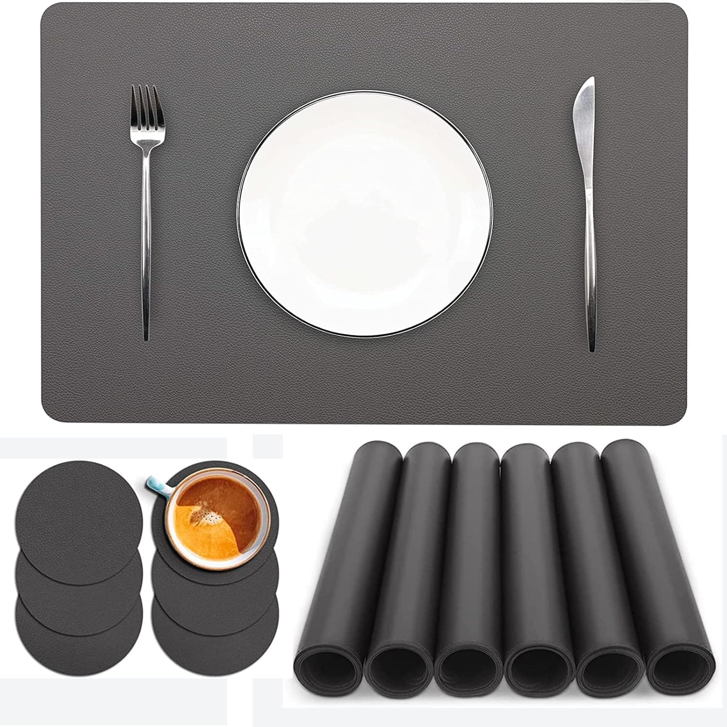 Placemats Set of 6, Faux Leather Place Mats with Coasters, Waterproof, Stain Resistant, Heat Resistant, Easy to Clean PU Table Mats for Dining Table and Decor (Set of 6, Rectangle Dark Gray)