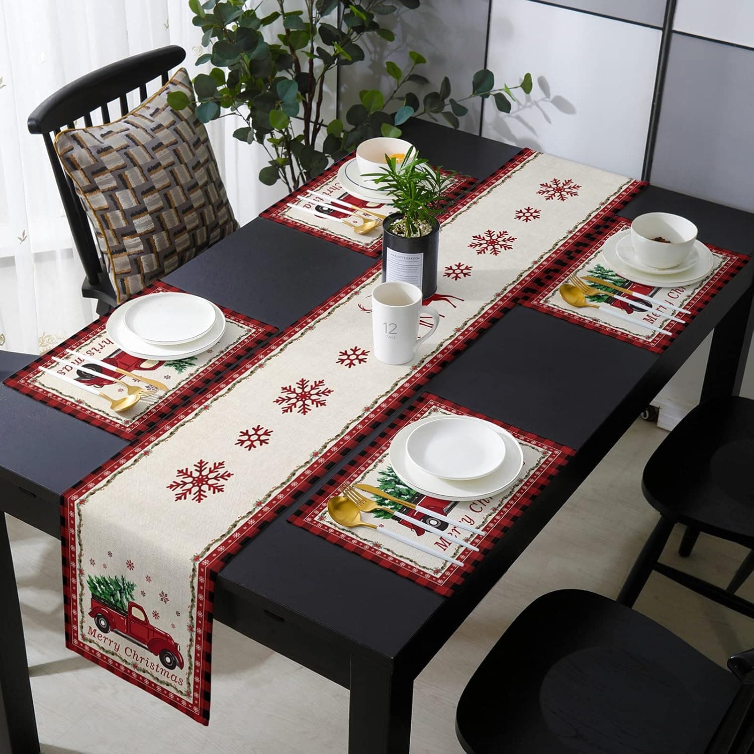 Merry Christmas Table Runner with Placemats Set of 6 - Vintage Red Truck Pull Green Tree Xmas 13 x 90 Inch Table Runner Set Cotton Linen Table Mats for Christmas Family Dinner Party Events