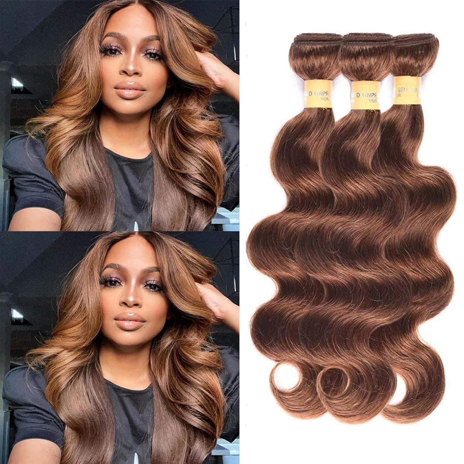 WOME Color #4 Brown Human Hair Bundles Brazilian Virgin Hair 8A Grade Body Wave Brown Hair Weaves 3 Bundles Double Wefts Hair Extensions(12" 14" 16",#4)