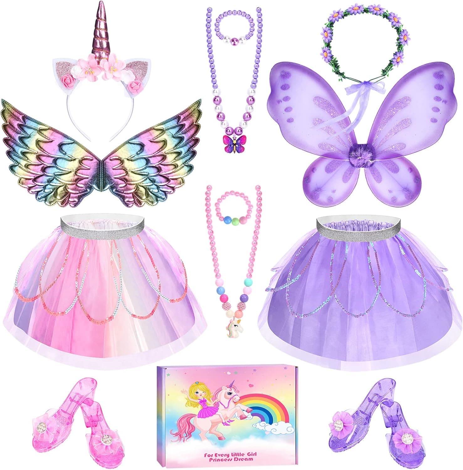 Kids Princess Dress Up Clothes for Little Girls Toddlers, Unicorn & Flower Fairy Princess Costume Set with Tutu, Fairy Wings, Shoes, Play Jewelry, Headband, Pretend Play Toys & Gift for Girls Toddlers