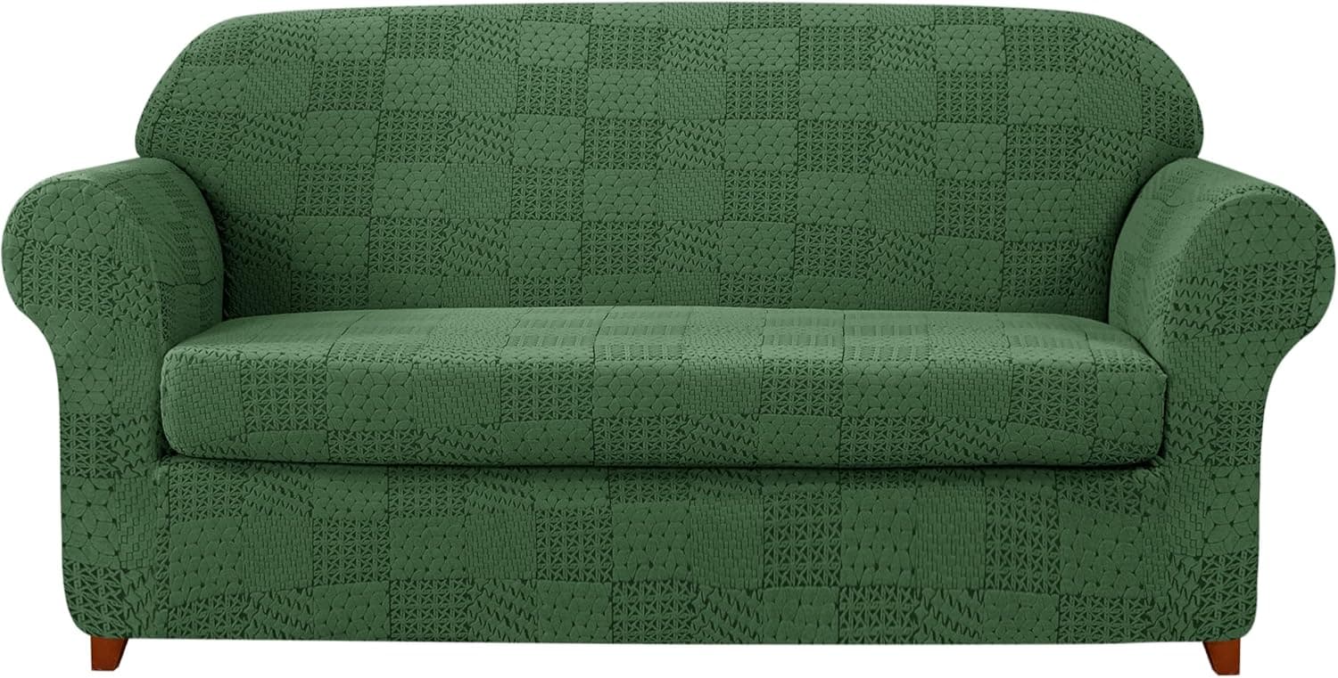 subrtex Stretch Sofa Couch Cover, 2-Piece Knit Sofa Slipcovers with Geometric Patchwork Pattern, Jacquard Design with Cushion Covers for Loveseat Washable Furniture Protector(Medium,Grass Green)