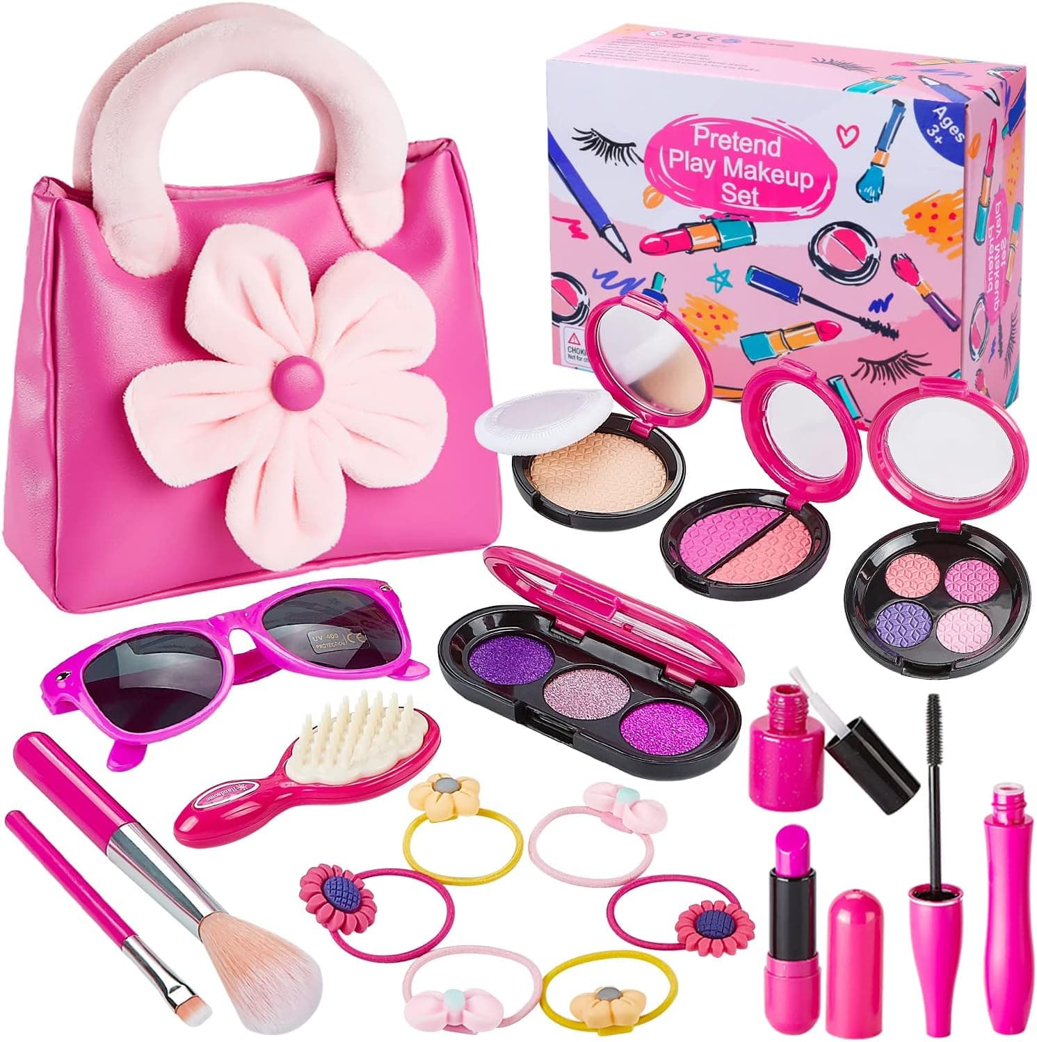 GINMIC Pretend Makeup kit for Girls, Play Makeup Set with Pink Floral Tote Bag for Little Girls Age 3+, Great and Birthday Gift (Not Real Makeup)