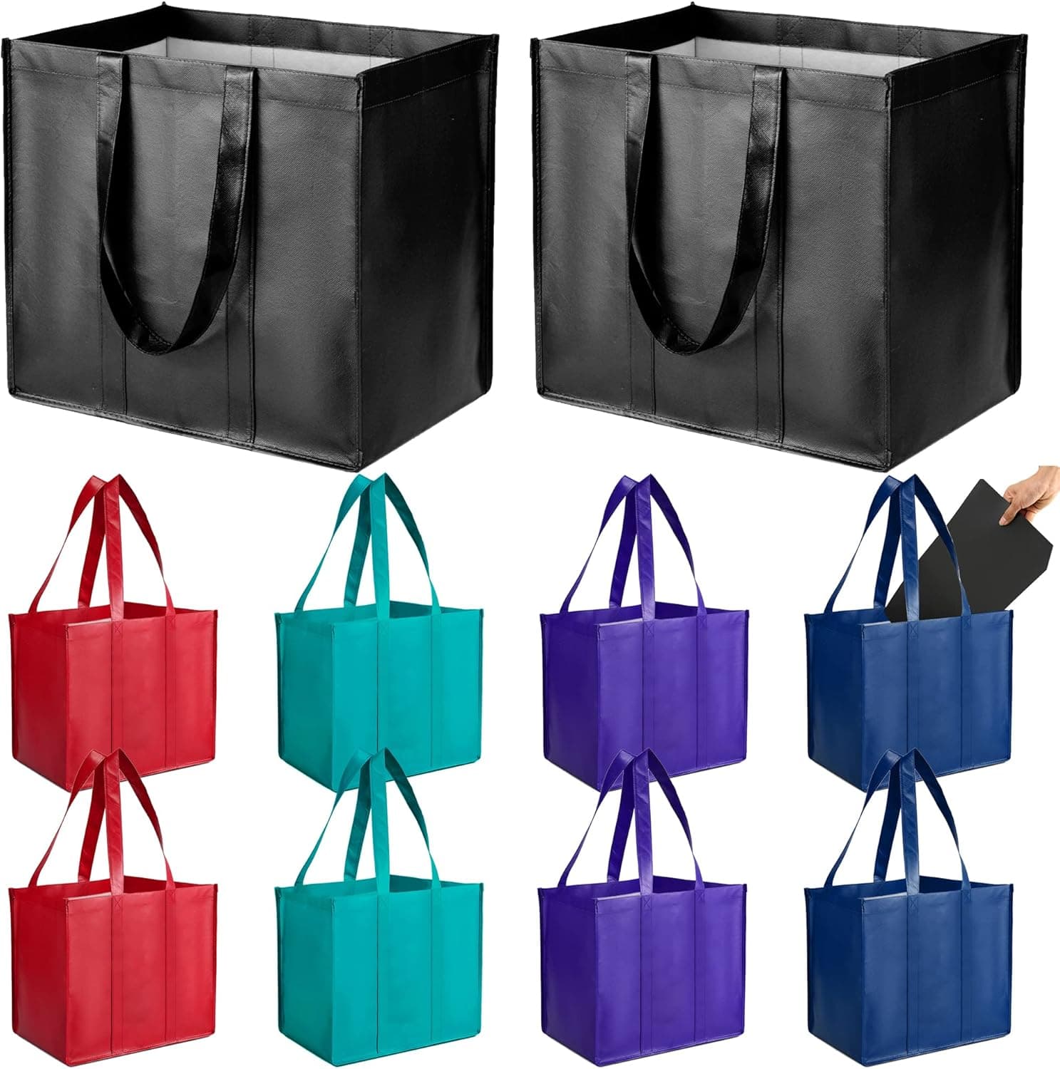 BeeGreen 10 Pack Reusable Grocery Bags Shopping Bags with Reinforced Handles and Removable Bottom, Foldable Extra Large Tote Bag for Heavy Duty Shopping & Groceries. (Black, Red, Purple, Teal, Navy