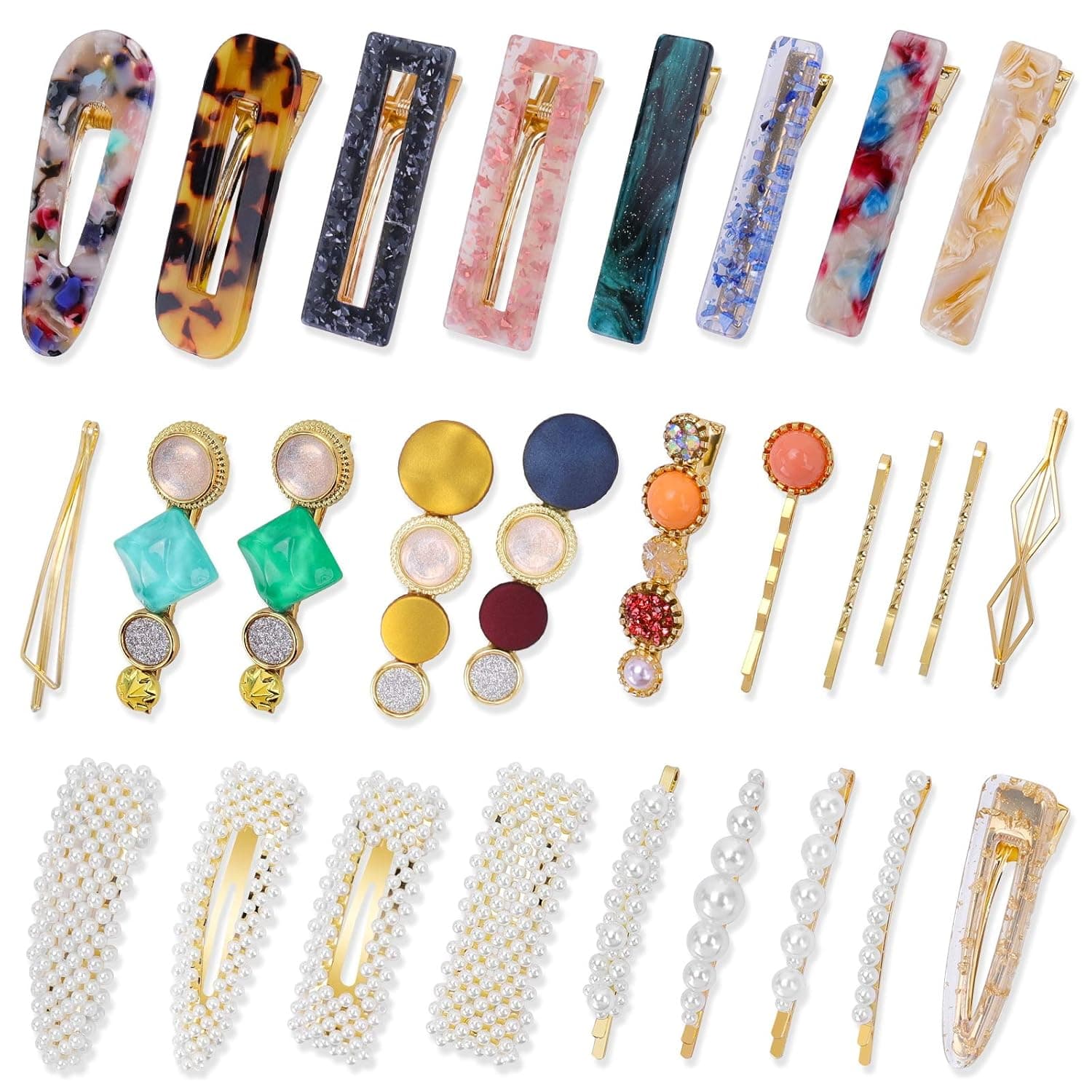 Rhinestone Hair Clips, Pearl Hair Clips for Girls, Acrylic Resin Hair Barrettes, Glitter Snap Hair Accessories for Women and Girls (28 Pack)