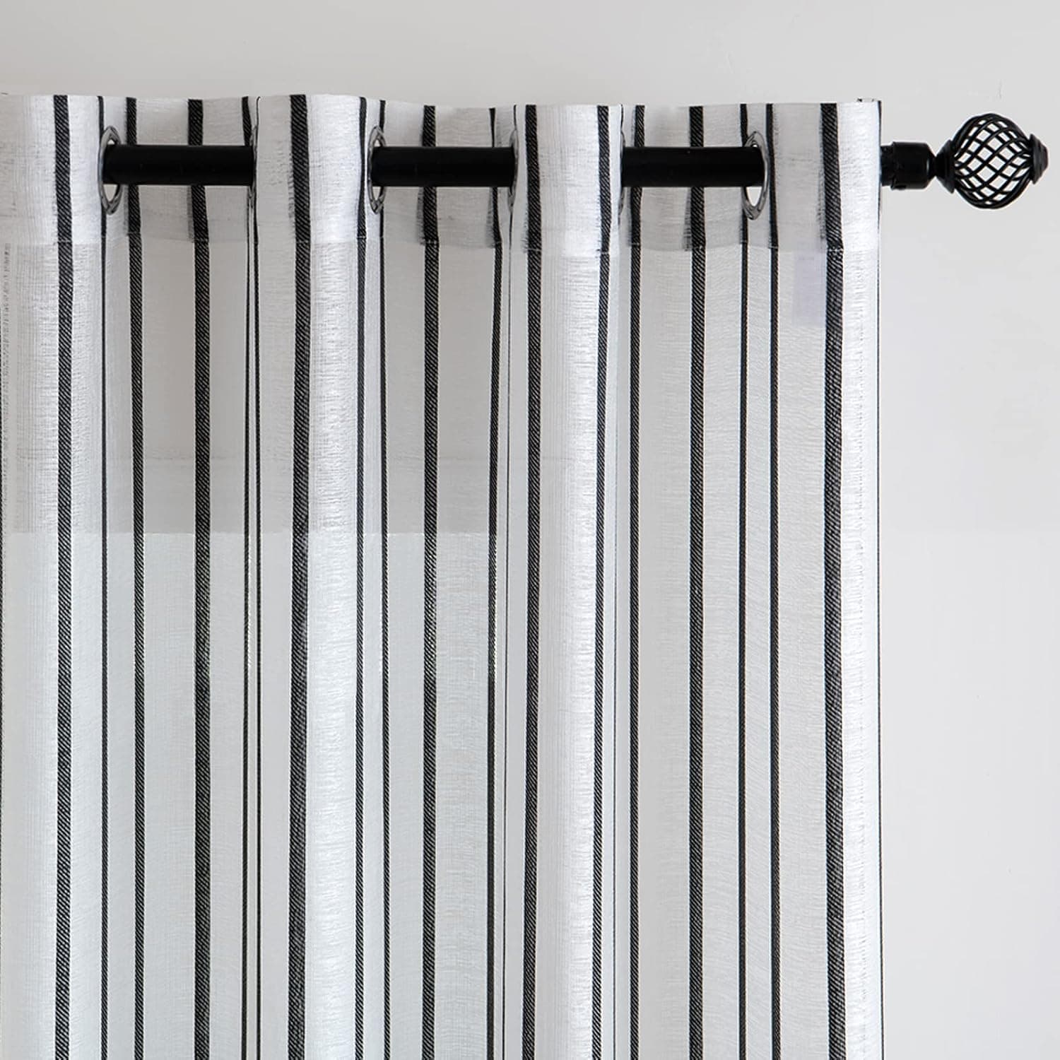 MIULEE Bedroom White Sheer Curtains Striped Linen Textured Window Treatment Drapes Grommet Top for Living Room, W52 x L63 Black Stripe 2 Panels
